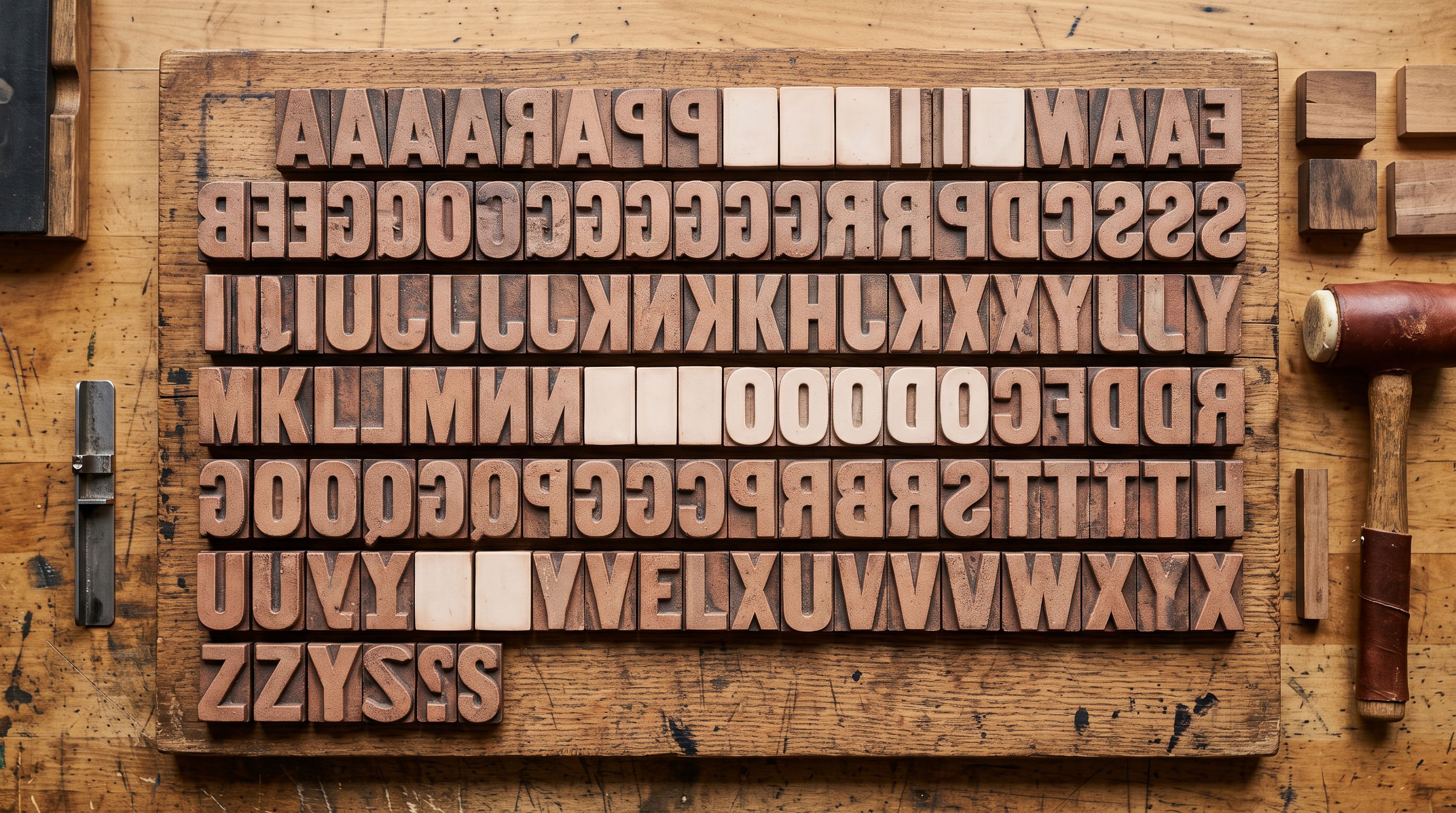 Ceramic typeset letters arranged face-down on a wooden compositing board, several flipped to show blank reverse sides.