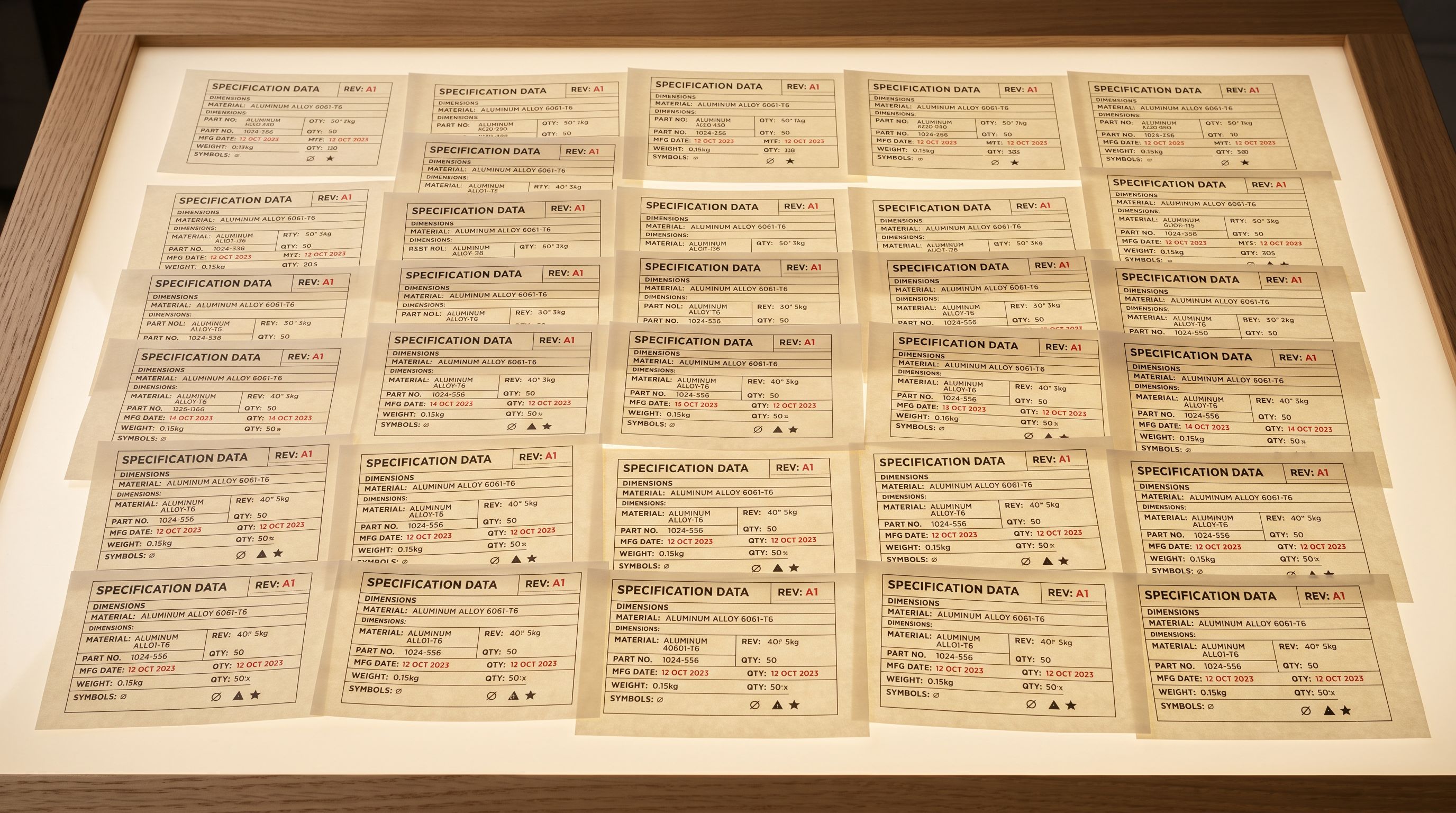 Product packaging specifications printed on industrial tracing paper laid on a clean draughtsman's light table.