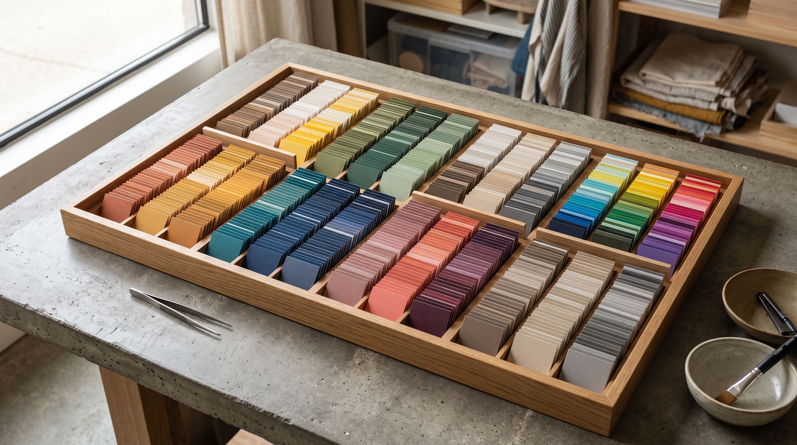 Rows of small colour-coded product sample cards sorted by category into a wide shallow tray on a studio work surface.