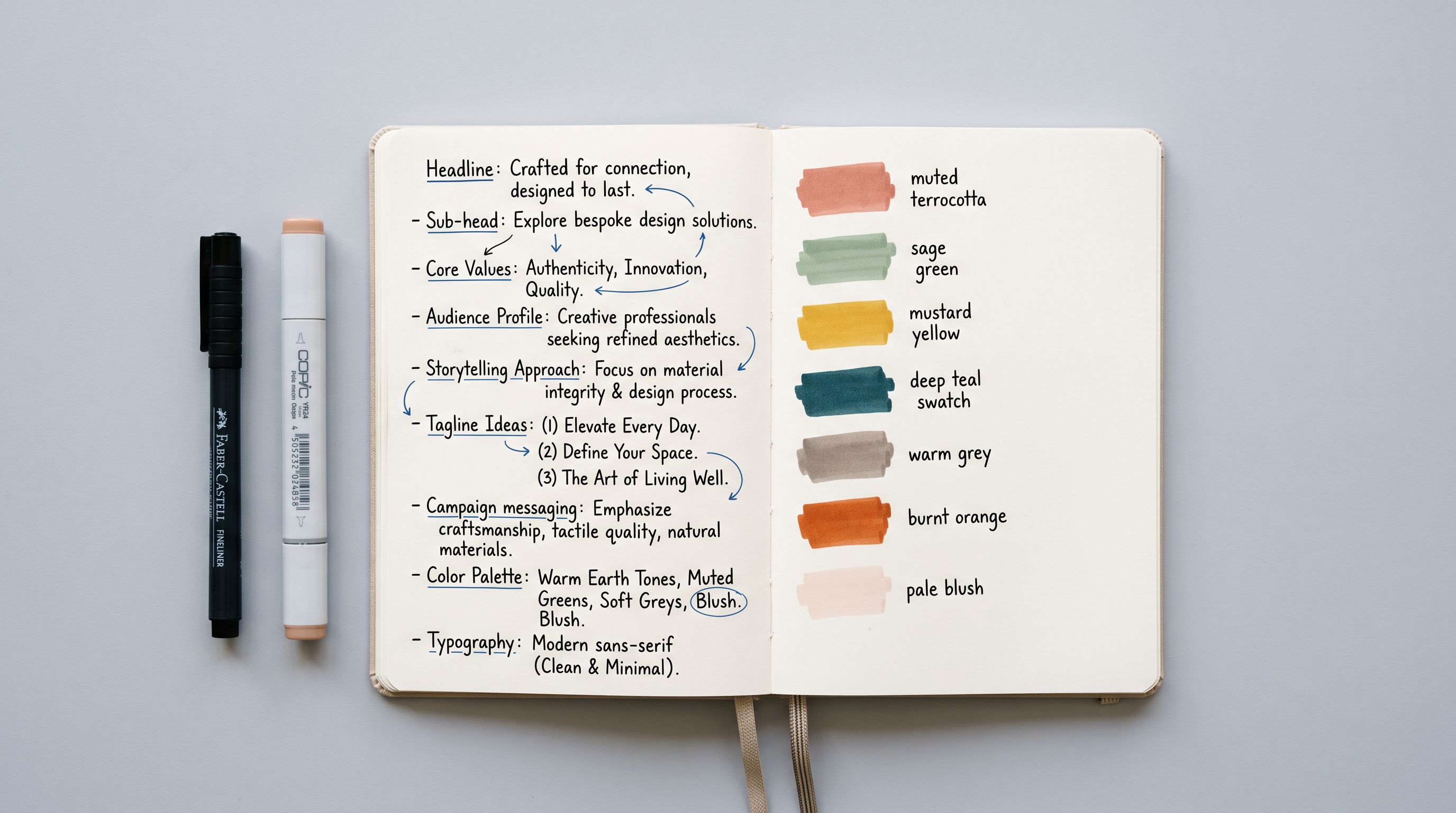 A clean design studio surface with a sketchbook open to handwritten type samples alongside coloured marker swatches.