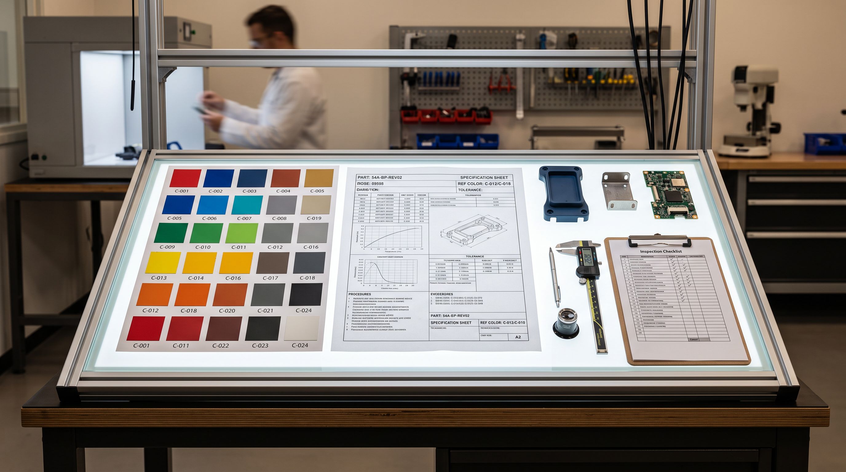 A quality inspection station with reference colour chips and printed specification sheets arranged methodically on a backlit surface.