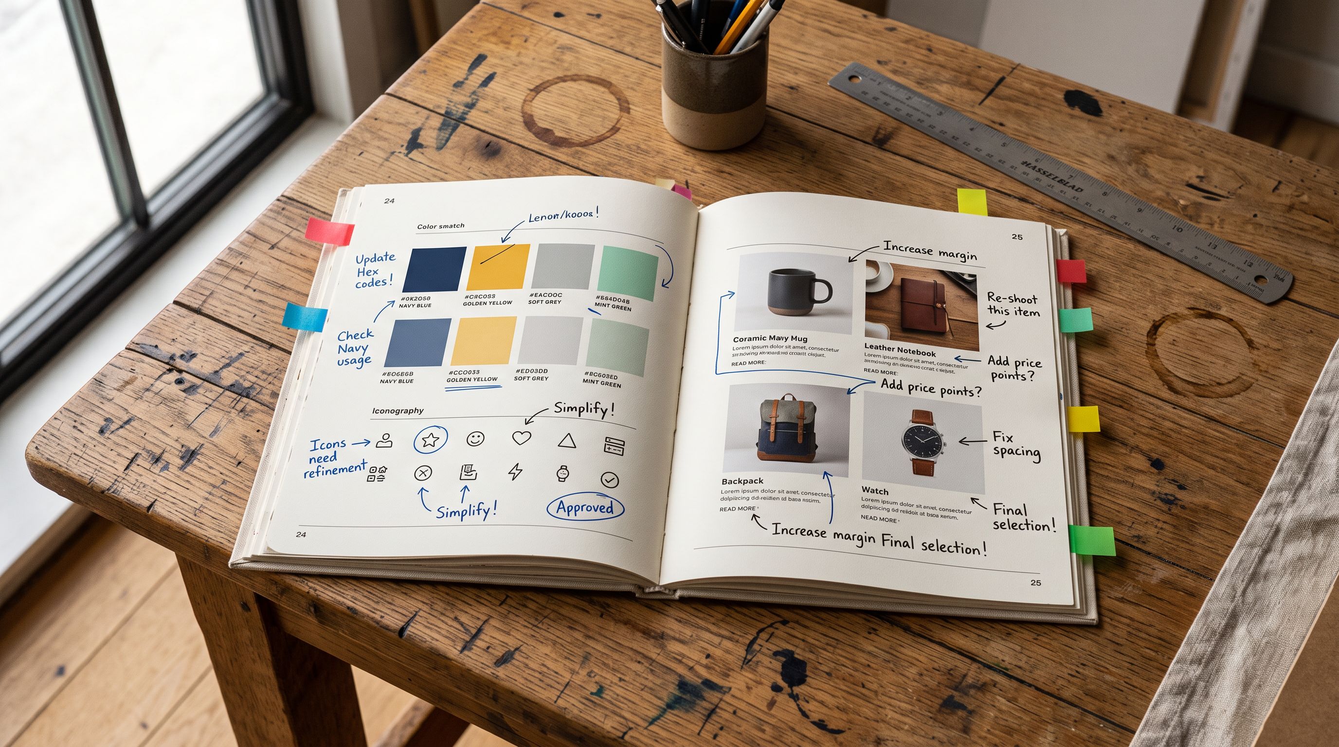 Brand style guide booklet open on a workshop table with printed product pages annotated with handwritten sentence marks and coloured tabs.