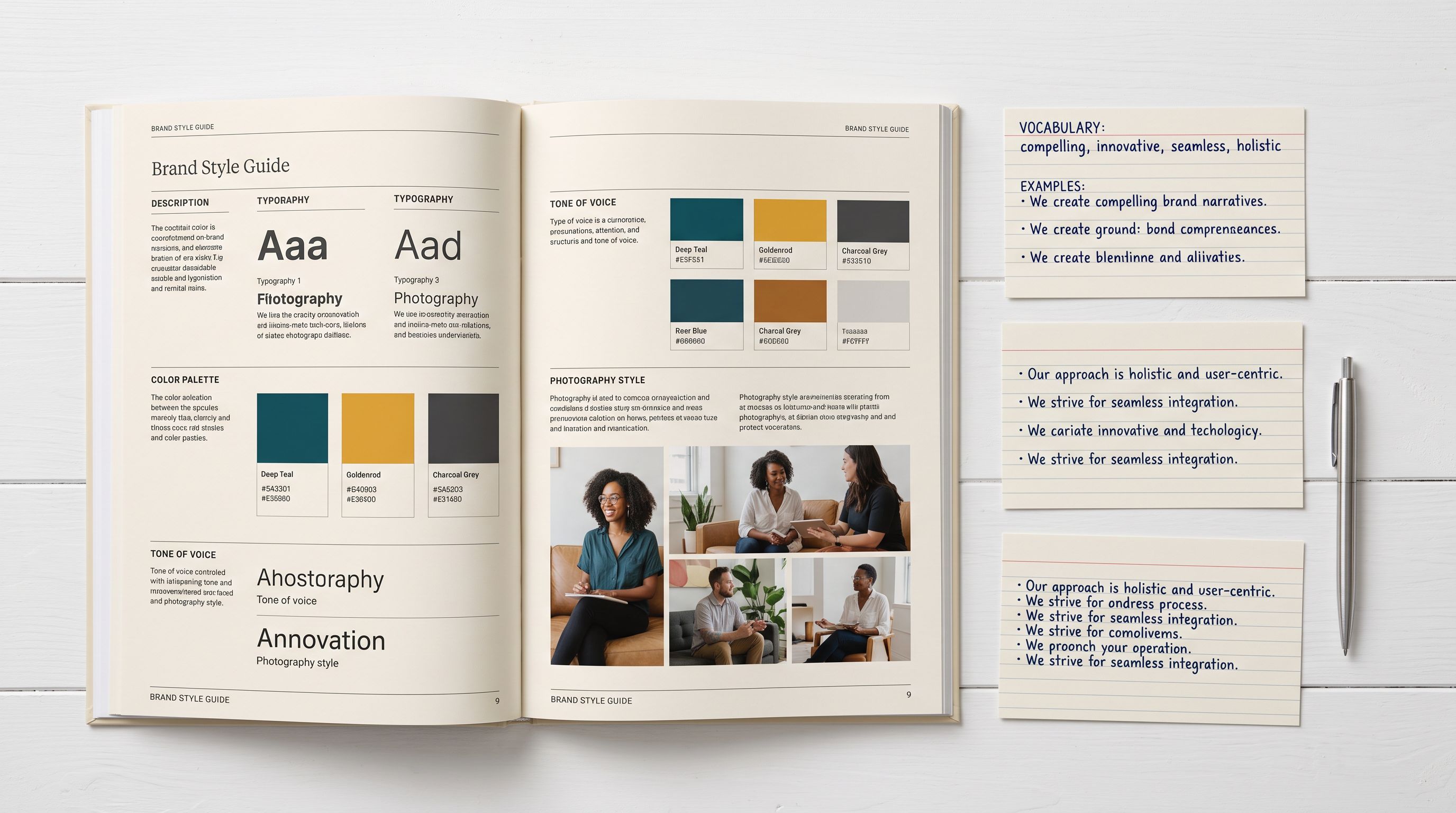 A brand style guide open on a desk alongside handwritten cards showing product vocabulary and example phrase notes.