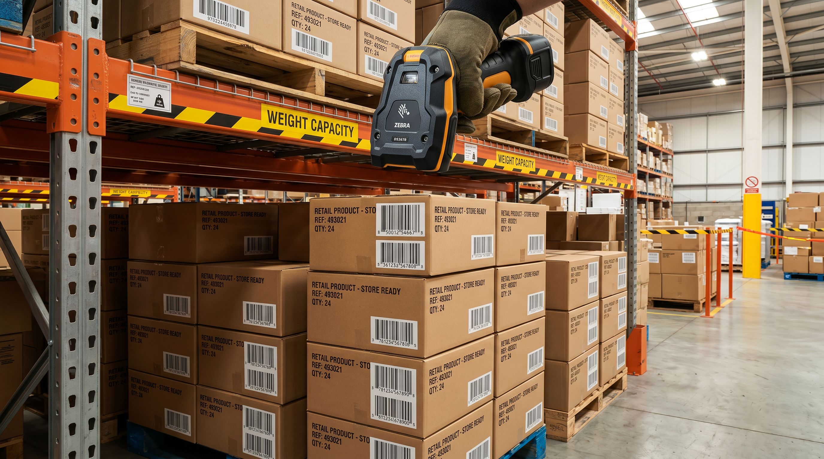 Industrial barcode scanner positioned above retail product cartons on warehouse shelving.