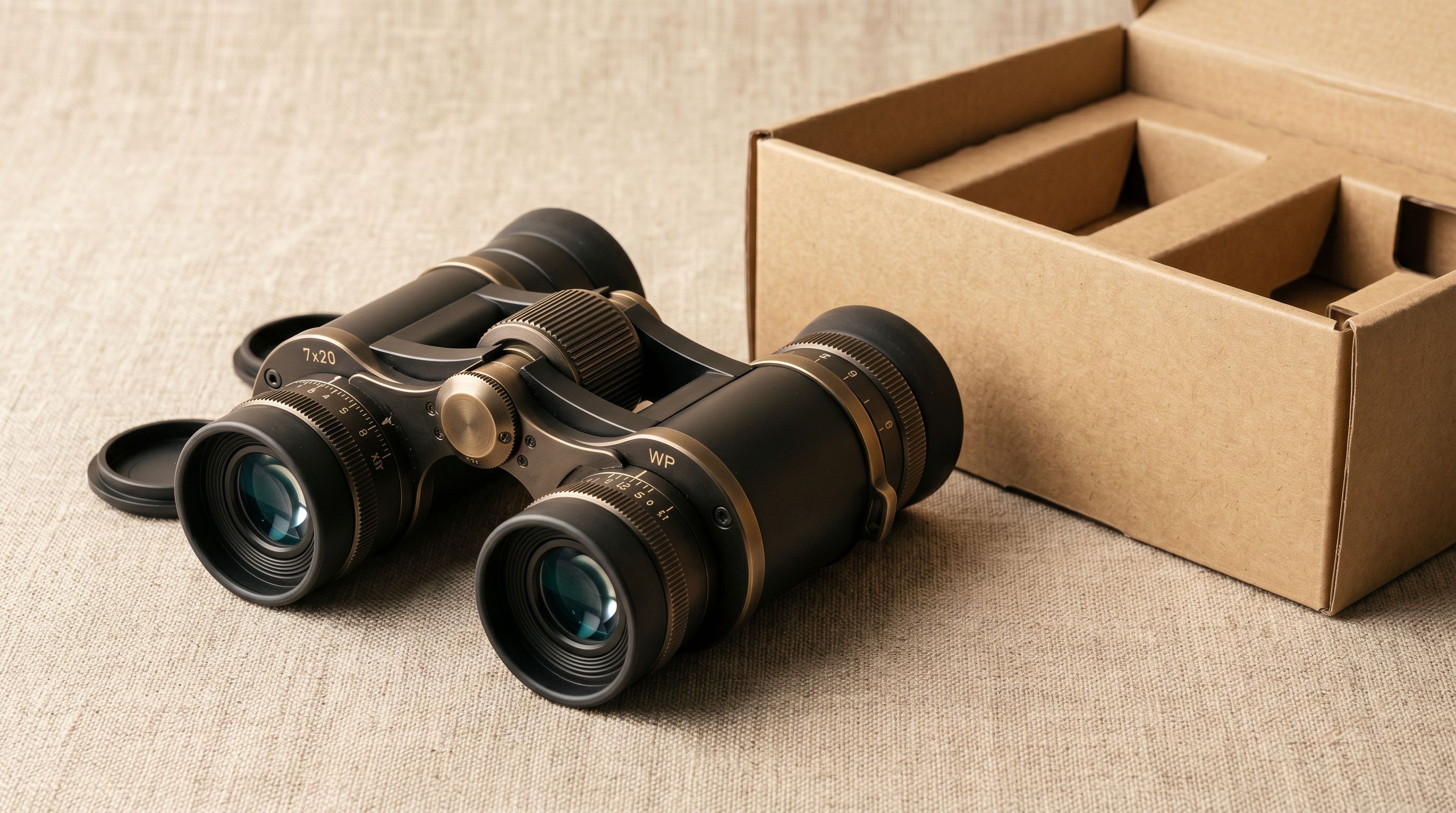 Compact precision binocular instrument resting beside its open packaging box on linen.