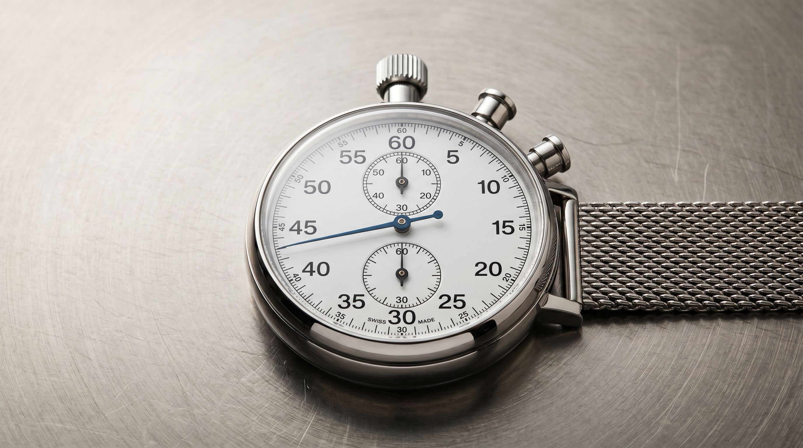Precision mechanical stopwatch resting on a stainless steel industrial surface.