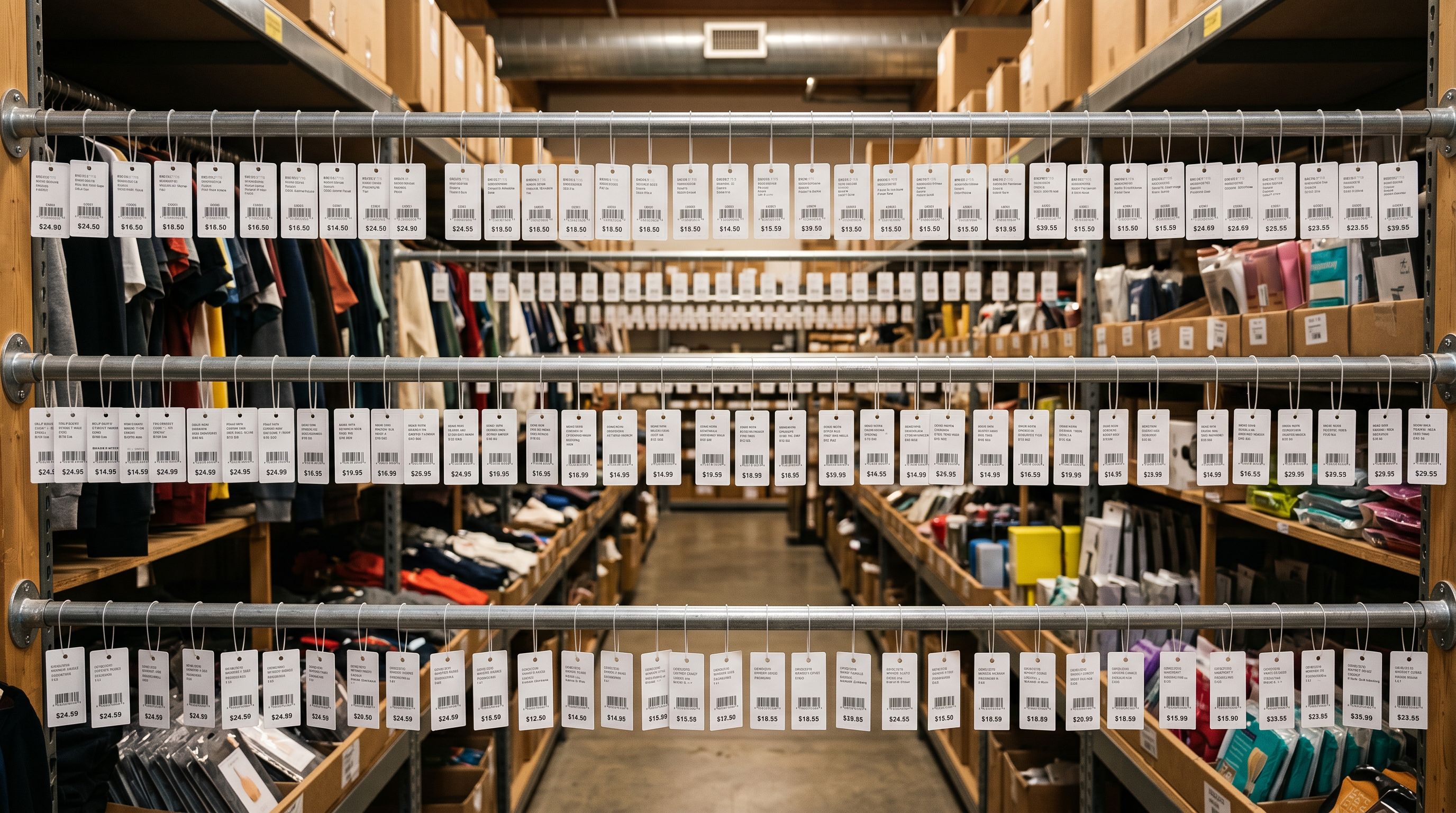 Rows of retail price tags hanging uniformly on merchandise display rails in a stockroom.