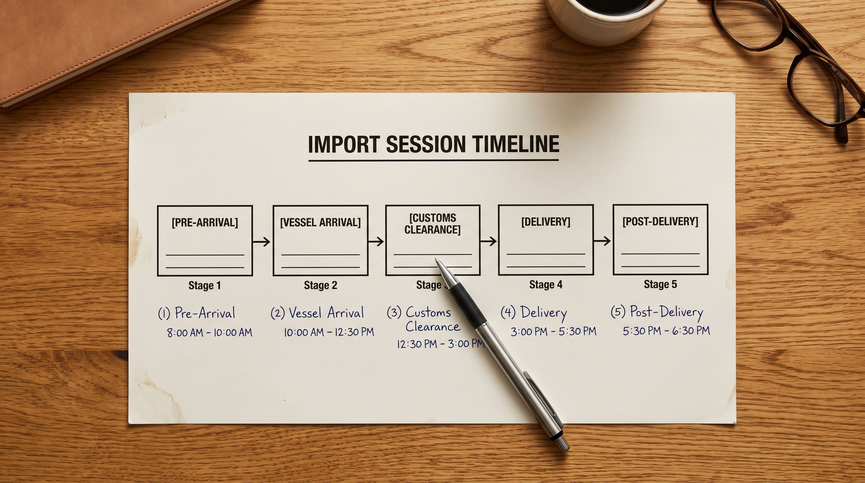 Printed import session timeline worksheet on a desk showing five stages arranged in a horizontal flow with estimated time blocks written beside each stage, a pen marking the current stage midway through the process.