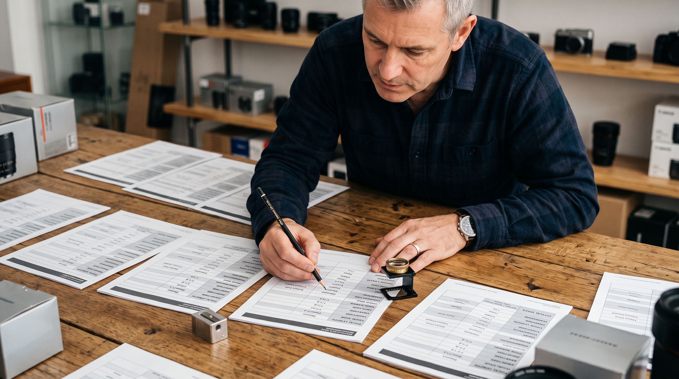 Photography accessories retailer reviewing printed specification sheets for camera lenses and filters arranged on a large wooden table with technical data columns