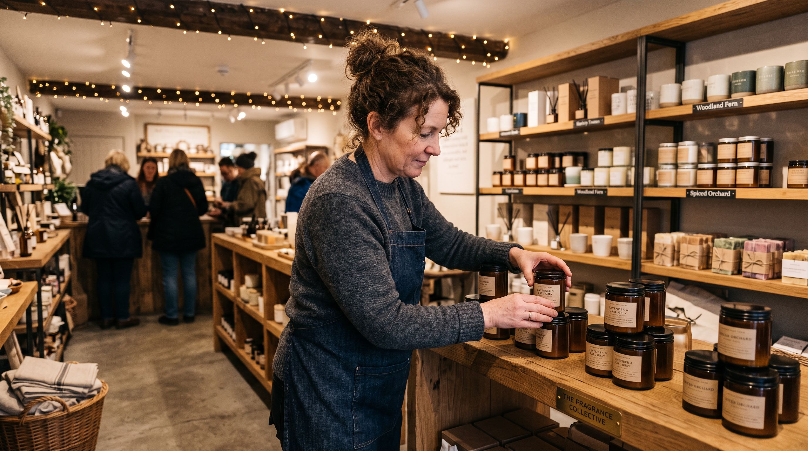 Home fragrance store owner arranging glass jar soy candles on a wooden display shelf with warm ambient lighting and grouped candle collections visible