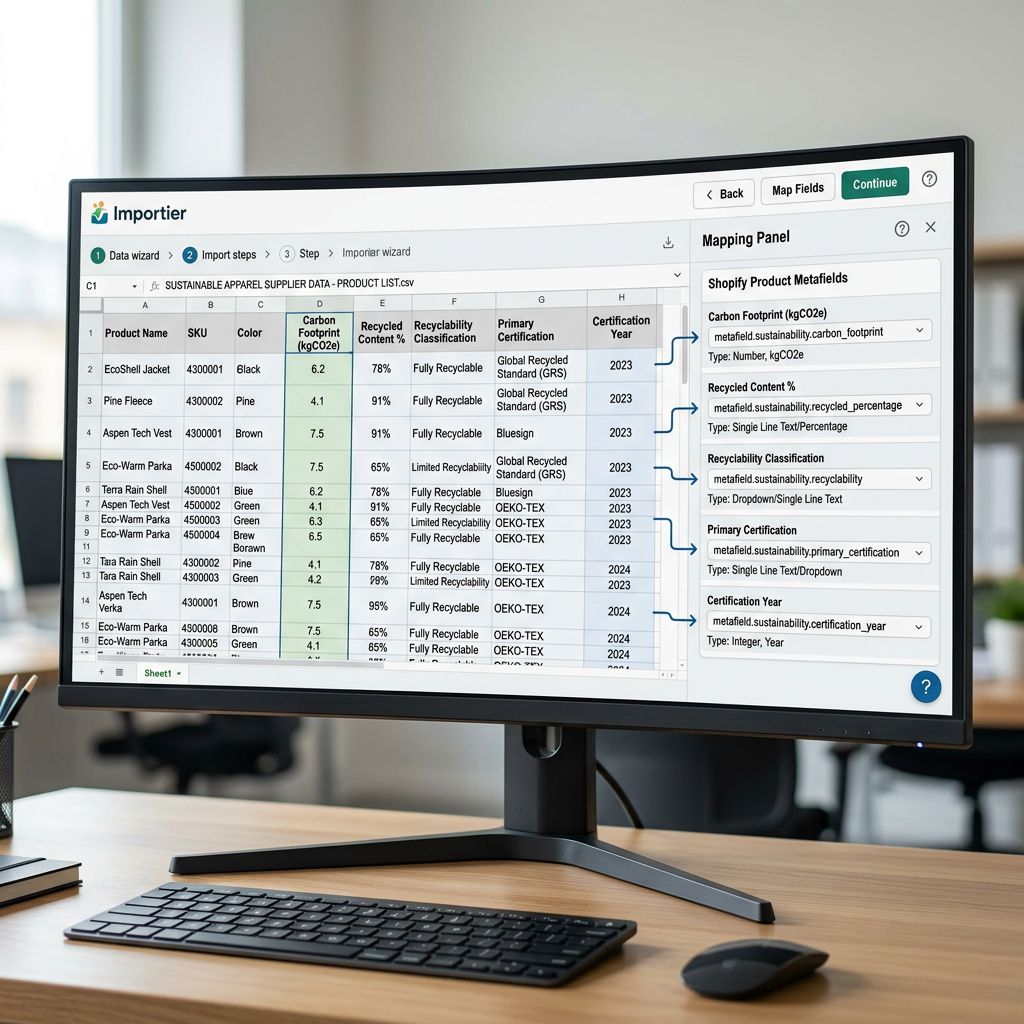 An Importier import wizard on a large monitor showing a sustainable outdoor apparel supplier spreadsheet being mapped with columns for carbon footprint in kgCO2e recycled content percentage recyclability classification primary certification and certification year, each column mapped to a corresponding custom metafield in the Shopify standard product taxonomy, the mapping panel on the right showing all sustainability fields configured with their correct value types, everything in sharp focus no blur no depth of field, colour photography.