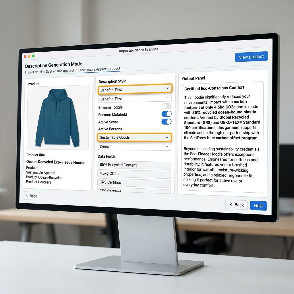An Importier Store Scanner on a large monitor showing a sustainable apparel product open in description generation mode with the Benefits-First style selected and the Sustainable Goods persona active, the generated description visible in the output panel incorporating carbon footprint value recycled content percentage certification names and offset programme details from the imported metafields, the description leading with the environmental credential before moving to product performance, everything in sharp focus no blur no depth of field, colour photography.