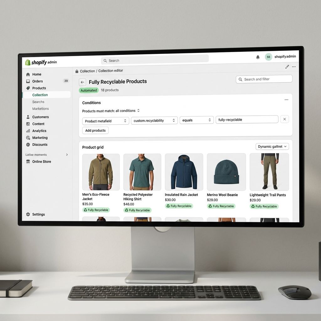 A Shopify admin collection editor on a large monitor showing a Fully Recyclable Products collection with a metafield rule set to custom.recyclability equals fully-recyclable, a product count of 18 products, and a product grid showing outdoor apparel items each displaying a small green recyclability label, representing a curated sustainability collection built from metafield rules without manual product selection, everything in sharp focus no blur no depth of field, colour photography.