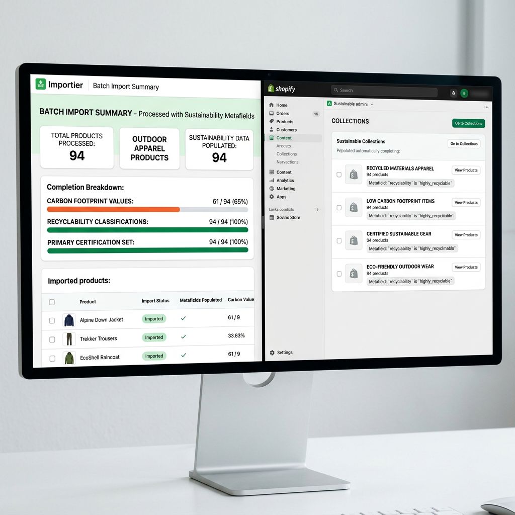 An Importier batch import summary screen on a large monitor showing 94 outdoor apparel products processed with sustainability metafields populated, a completion summary showing 61 products with carbon footprint values populated, 94 with recyclability classifications, and 94 with primary certification set, alongside a Shopify admin collection panel showing four sustainability collections automatically populated from the metafield rules, everything in sharp focus no blur no depth of field, colour photography.
