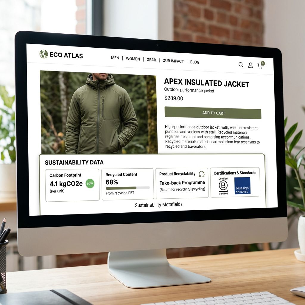 A Shopify storefront product page on a large monitor showing an outdoor jacket with a structured sustainability data panel below the product description displaying labelled fields for carbon footprint as 4.1 kgCO2e with a green indicator, recycled content as 68 percent, recyclability as take-back programme, and certifications showing B-Corp and bluesign logos, representing how structured sustainability metafields display as consumer-facing labelled data rather than buried description copy, everything in sharp focus no blur no depth of field, colour photography.