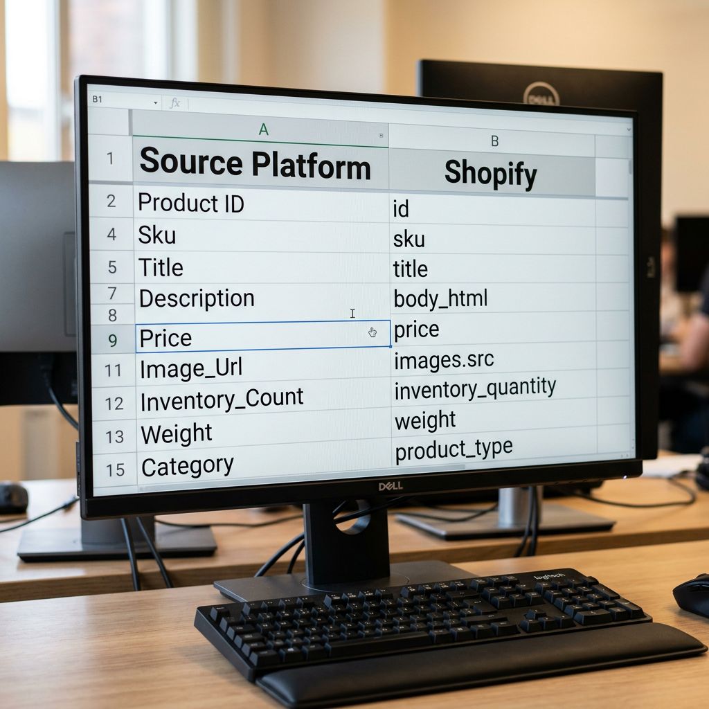 A printed six-column planning grid spread across a desk, each column labelled with a migration phase name and containing handwritten checklist items, some ticked, sharp focus, colour photography.