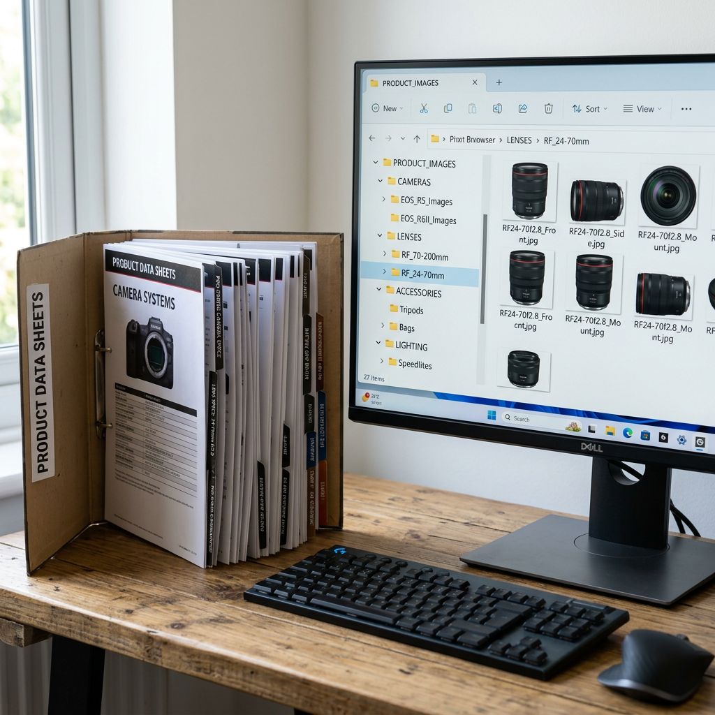 A folder of printed product sheets laid on a flat surface, beside a monitor screen showing a staging folder of image files organised into labelled subfolders by category, sharp focus, colour photography.