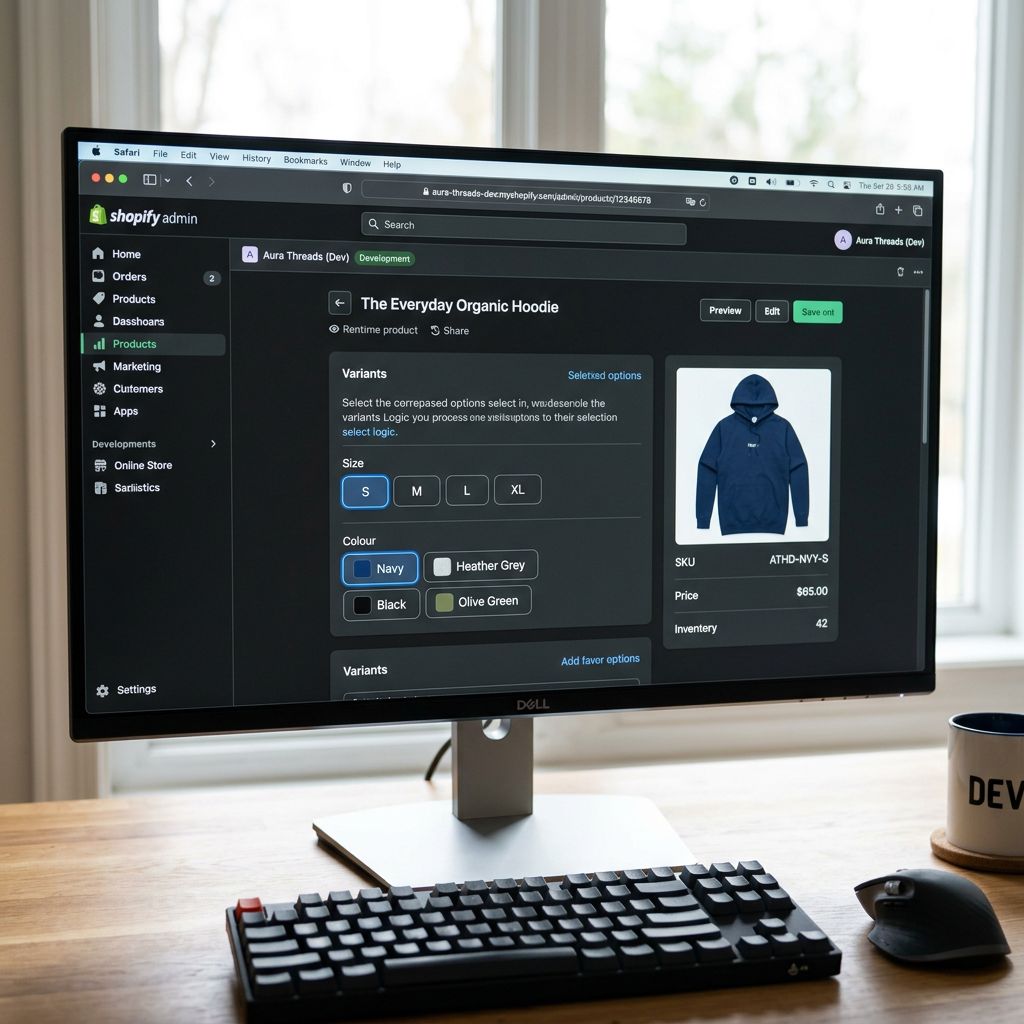 A monitor showing a test Shopify product page in a development store with four variant option tiles correctly grouped under one product listing, sharp focus, colour photography.