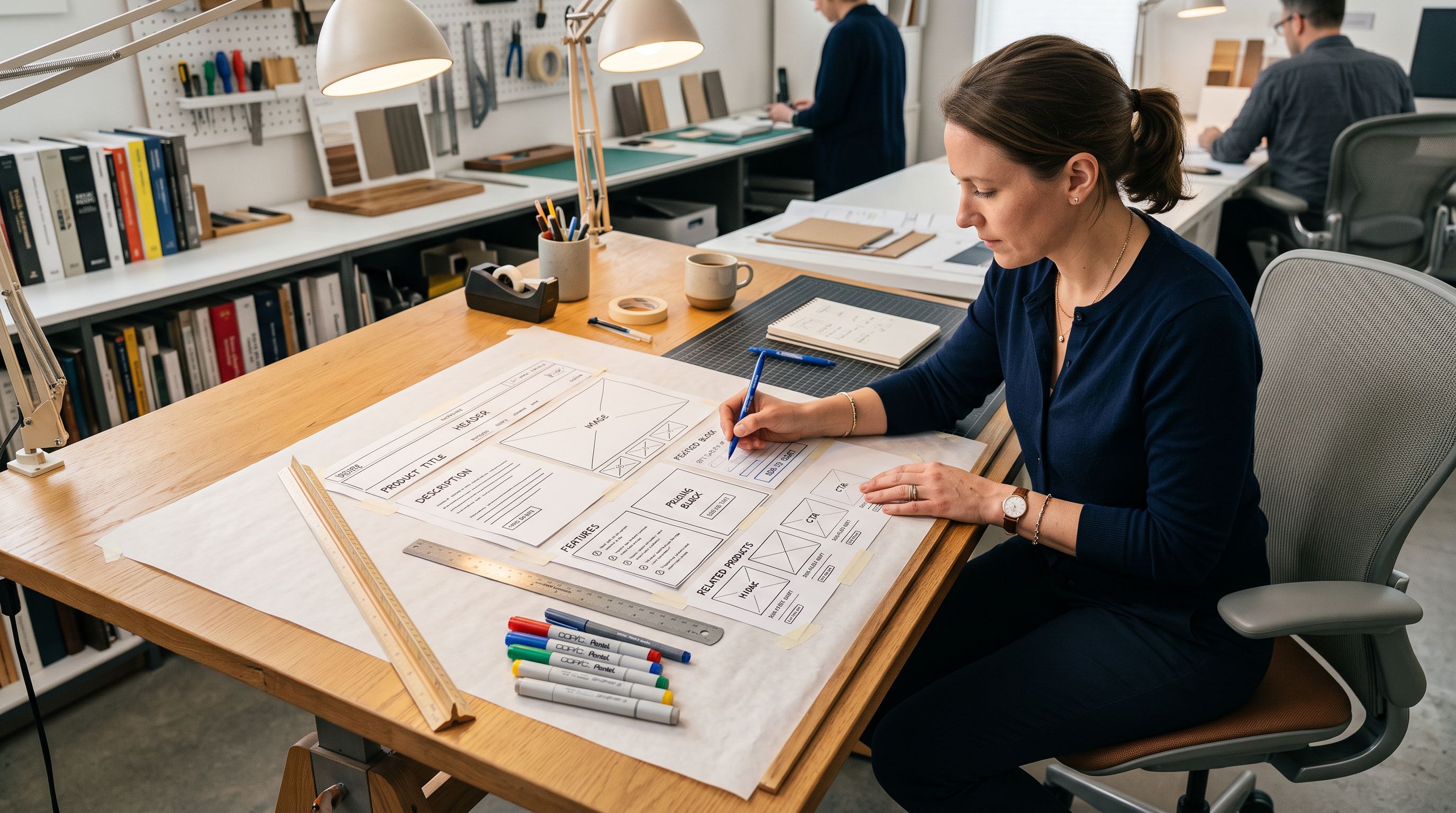 UX designer at a drafting table with printed product page wireframe templates showing structured block layouts with labelled content modules arranged as cut-paper panels on drafting paper