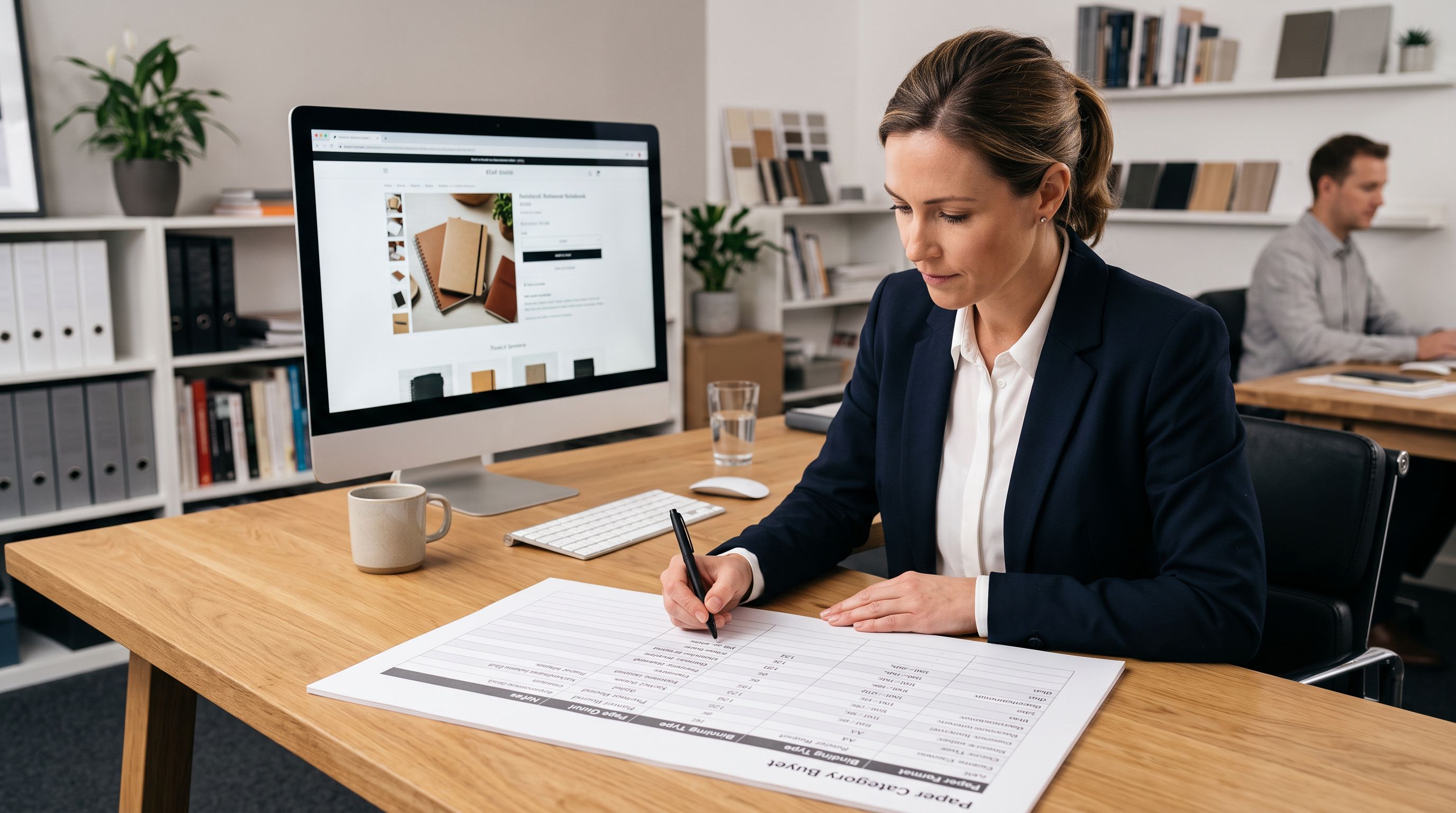 Retail category buyer at a desk reviewing a printed product specification sheet with structured attribute columns beside a monitor showing a storefront product page