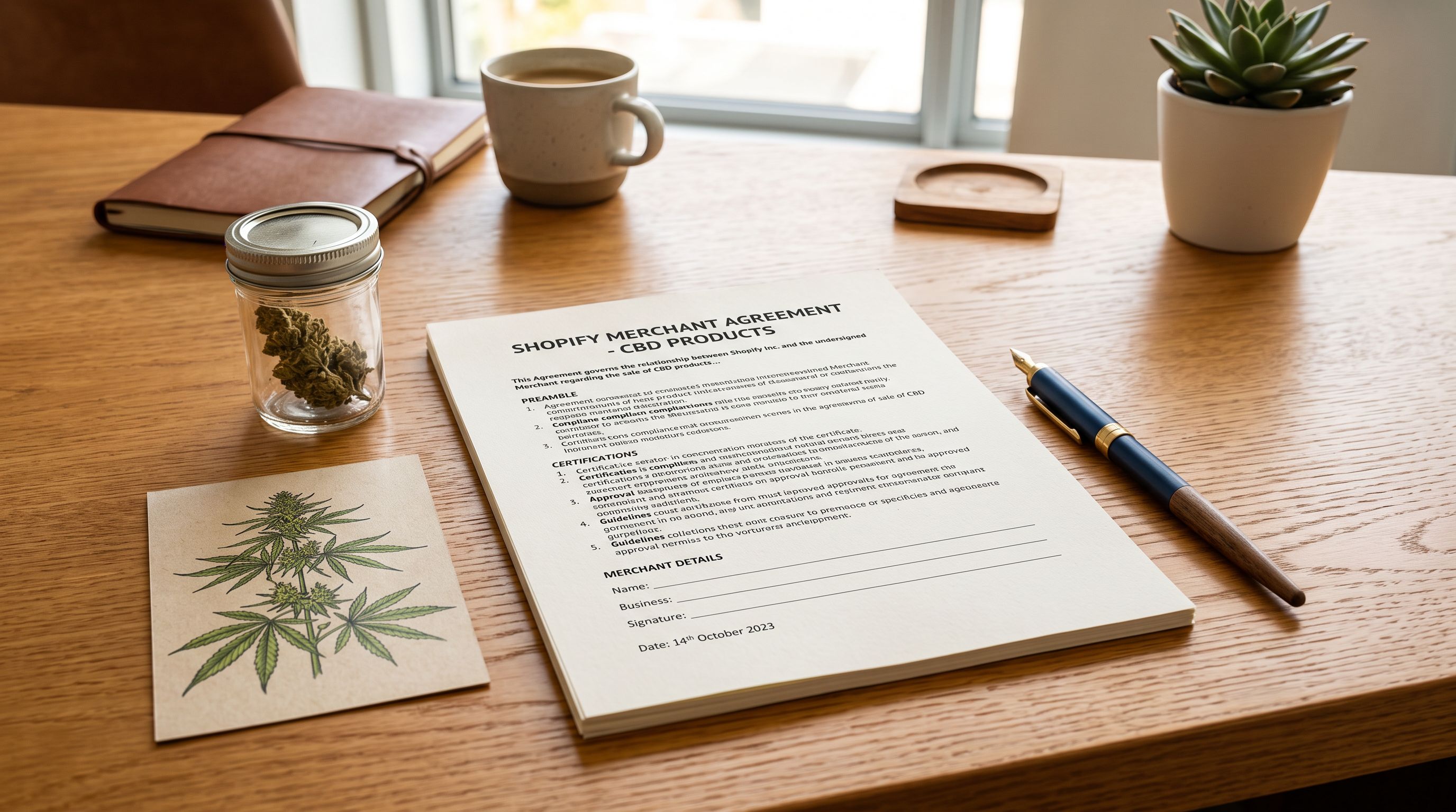 A printed Shopify merchant agreement alongside a pen and hemp plant illustration representing CBD approval prerequisites.