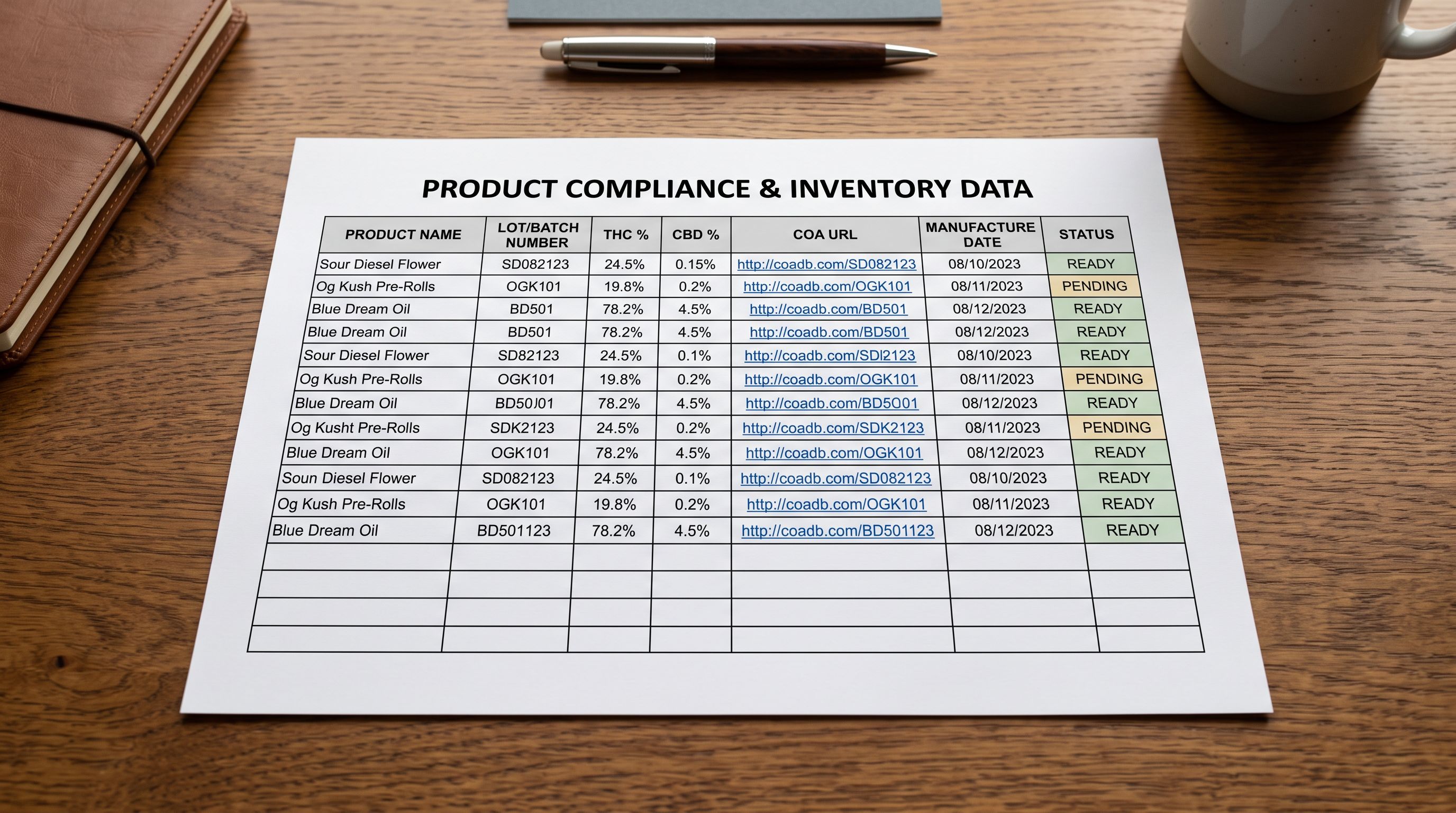 A printed spreadsheet showing product compliance columns including THC percentage and Certificate of Analysis URL.