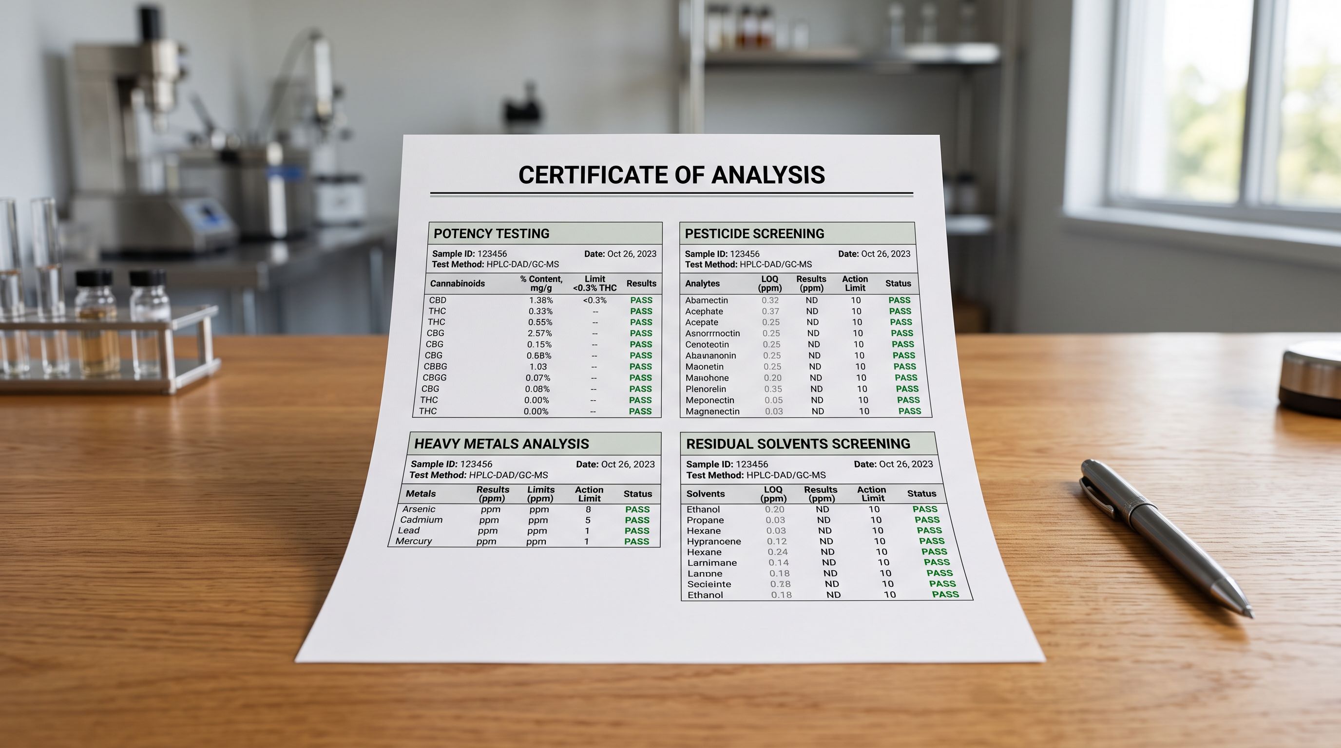 A Certificate of Analysis laboratory report showing potency testing and contaminant screening results.