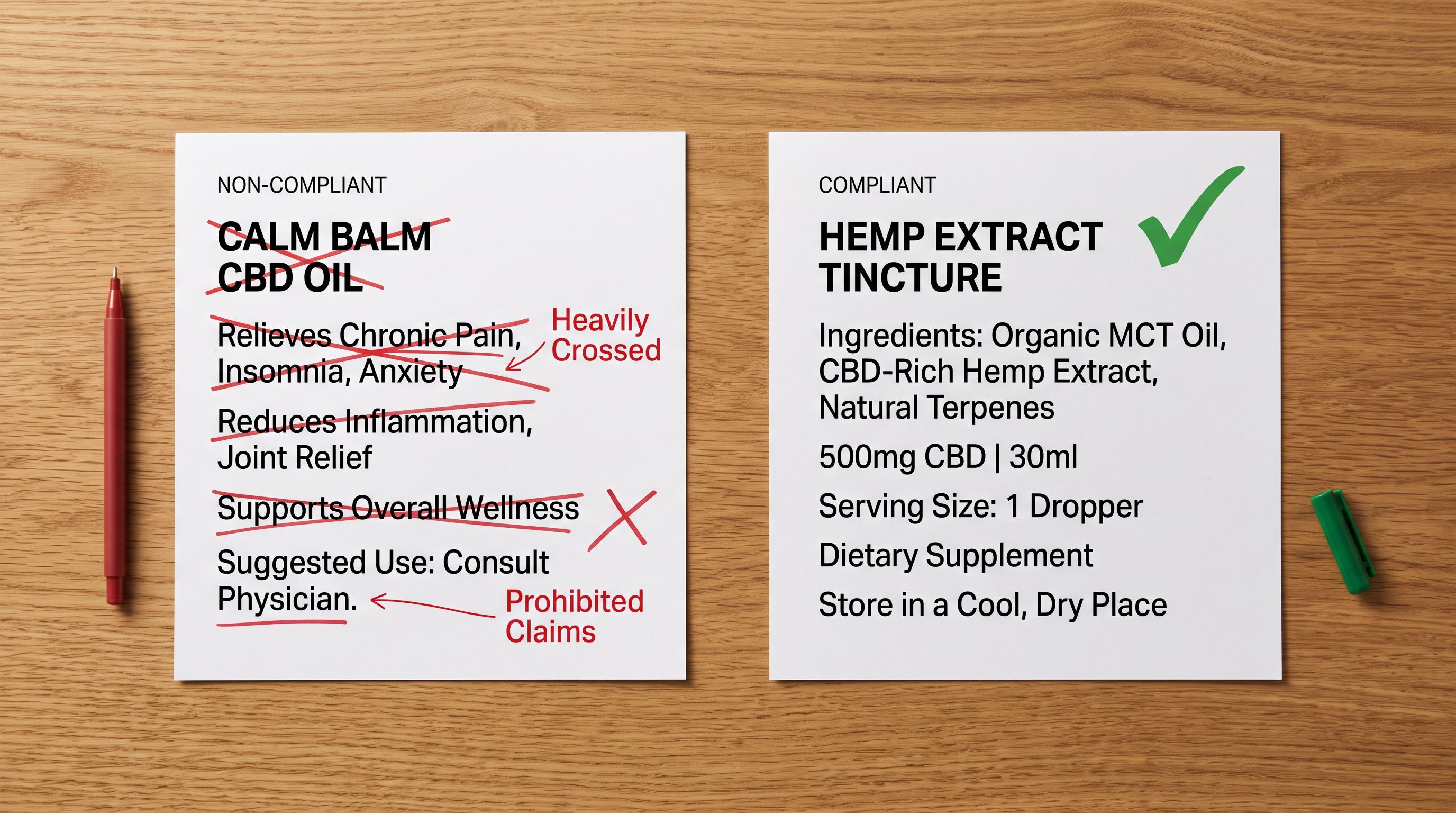Two printed product description cards showing prohibited health claims crossed out and compliant ingredient language approved.