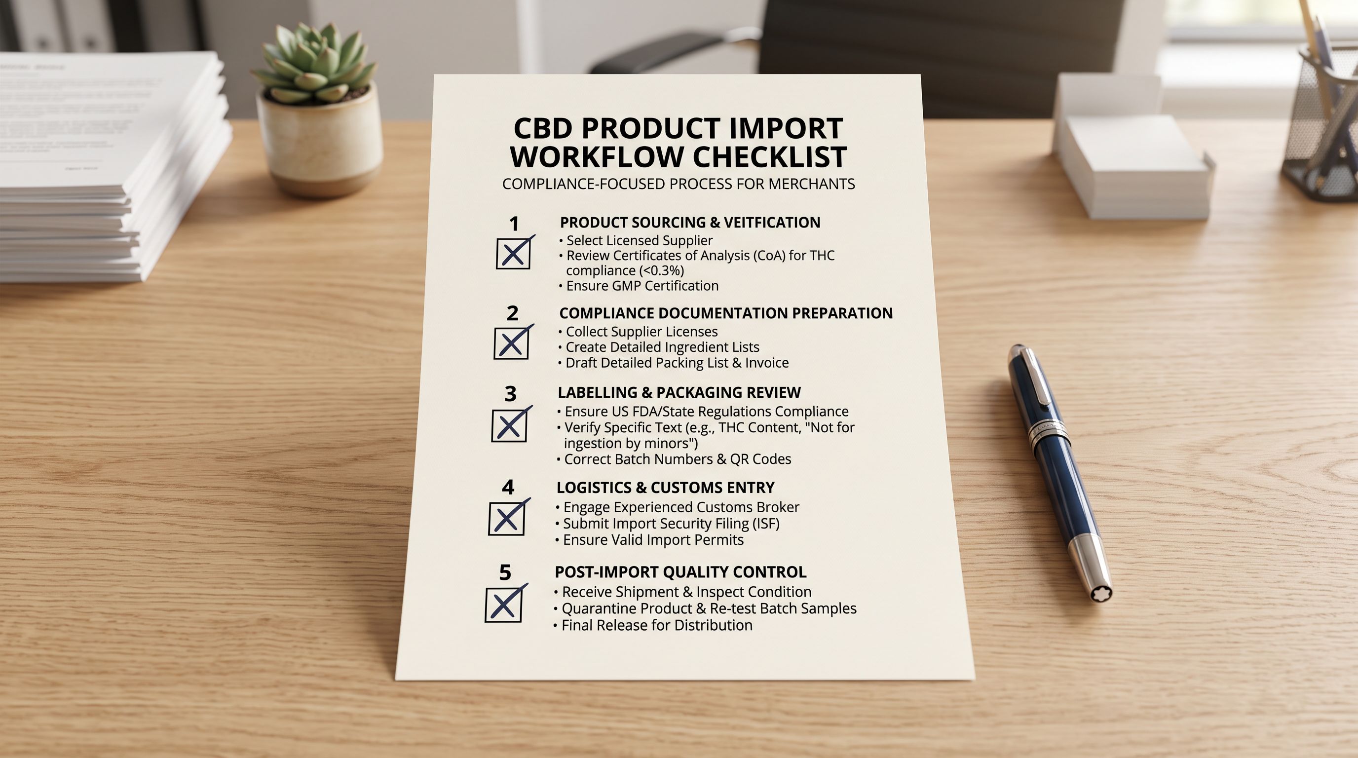 A printed five-step import workflow checklist representing a compliance-focused CBD product import process.
