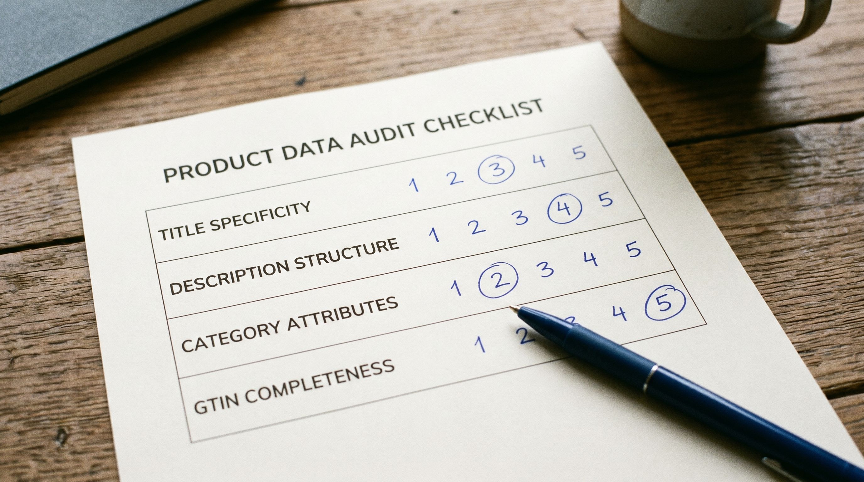 Printed ChatGPT Shopping product data audit worksheet on a desk showing four labelled rows for title specificity, description structure, category attributes, and GTIN completeness, with handwritten quality scores and a pen marking the lowest scoring row.