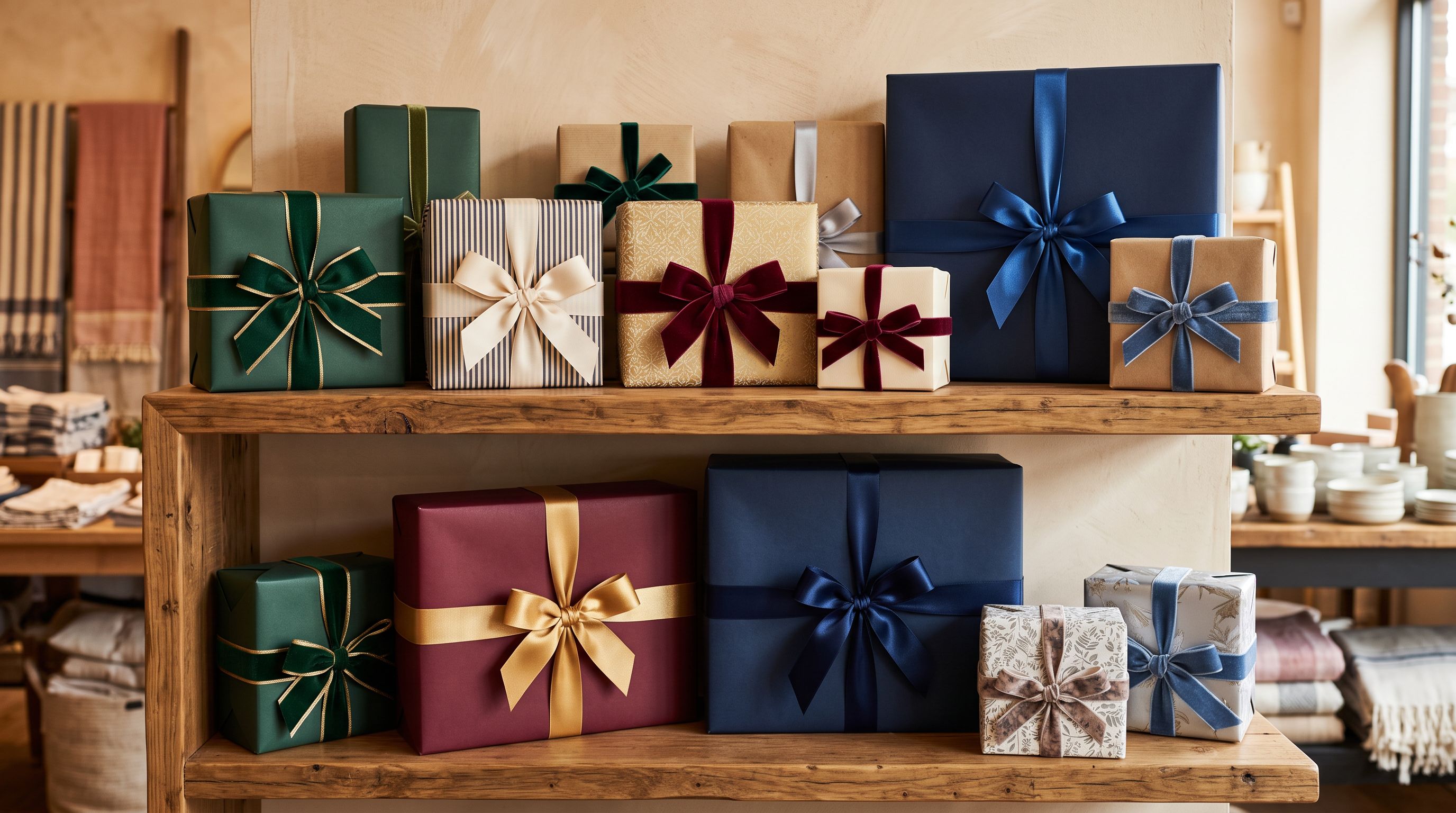 Retail gift display showing elegantly wrapped boxes with bow ribbons representing the gift category products that trigger checkout personalisation extensions.