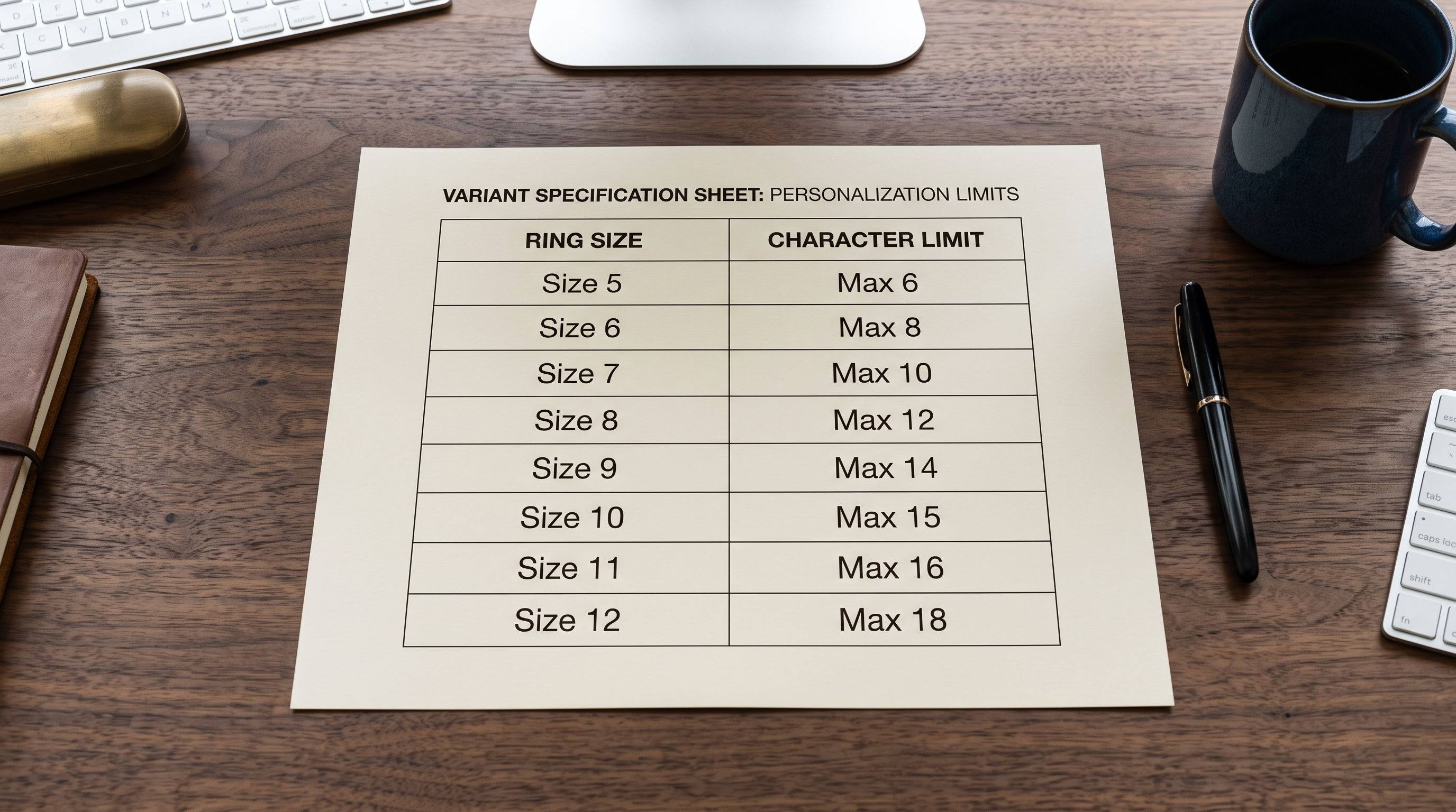 Printed product variant specification sheet showing ring size rows with corresponding character limit values for per-variant checkout personalisation constraints.