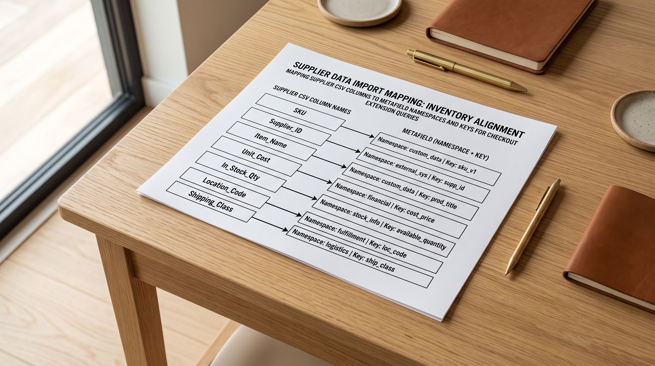 Printed import column mapping diagram showing arrows connecting supplier CSV columns to metafield namespace and key values for checkout extension alignment.