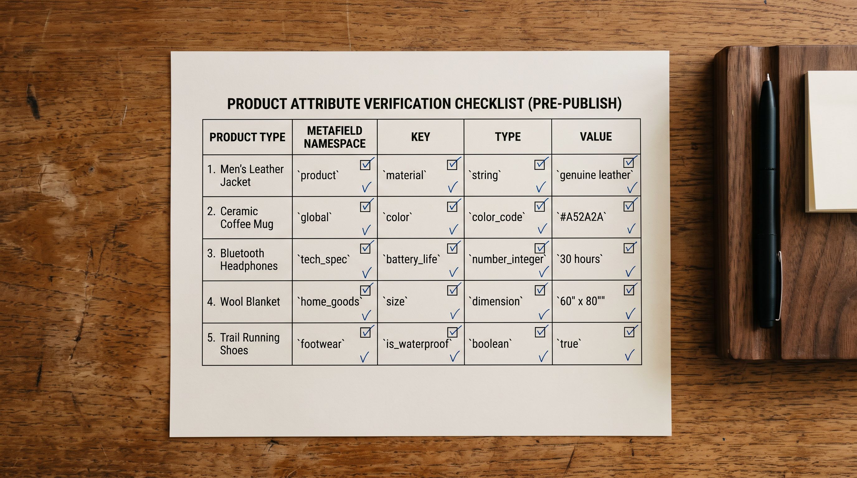 Printed product attribute verification checklist with tick boxes for metafield namespace, key, type, and value fields marked as confirmed before publishing.
