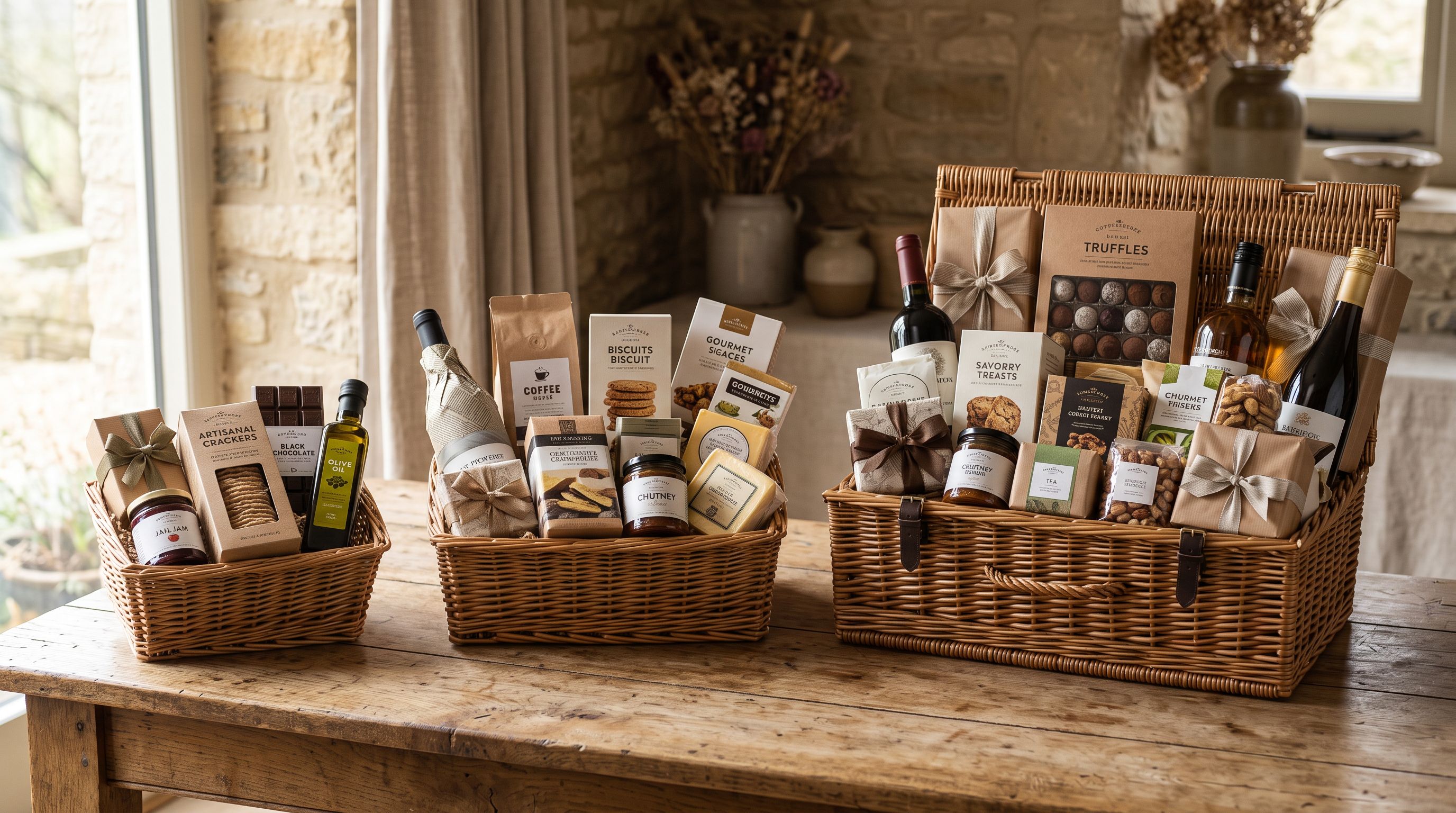 Three gift hamper baskets of different sizes on a wooden table, each containing a visibly different number of wrapped items representing composition tiers.