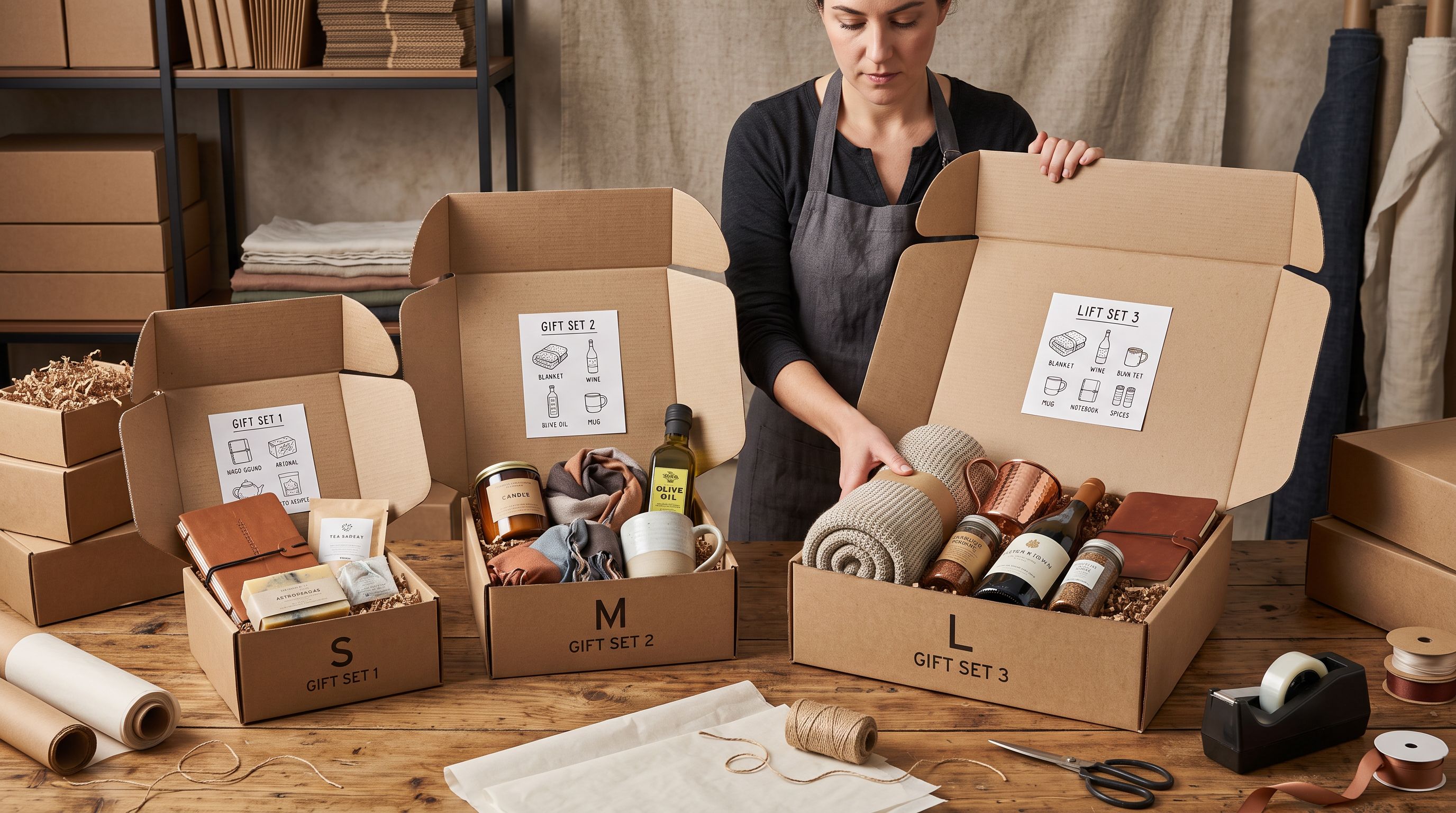 Gift packing station with three cardboard gift boxes in different sizes being prepared for shipping, each showing a composition card inside the lid.