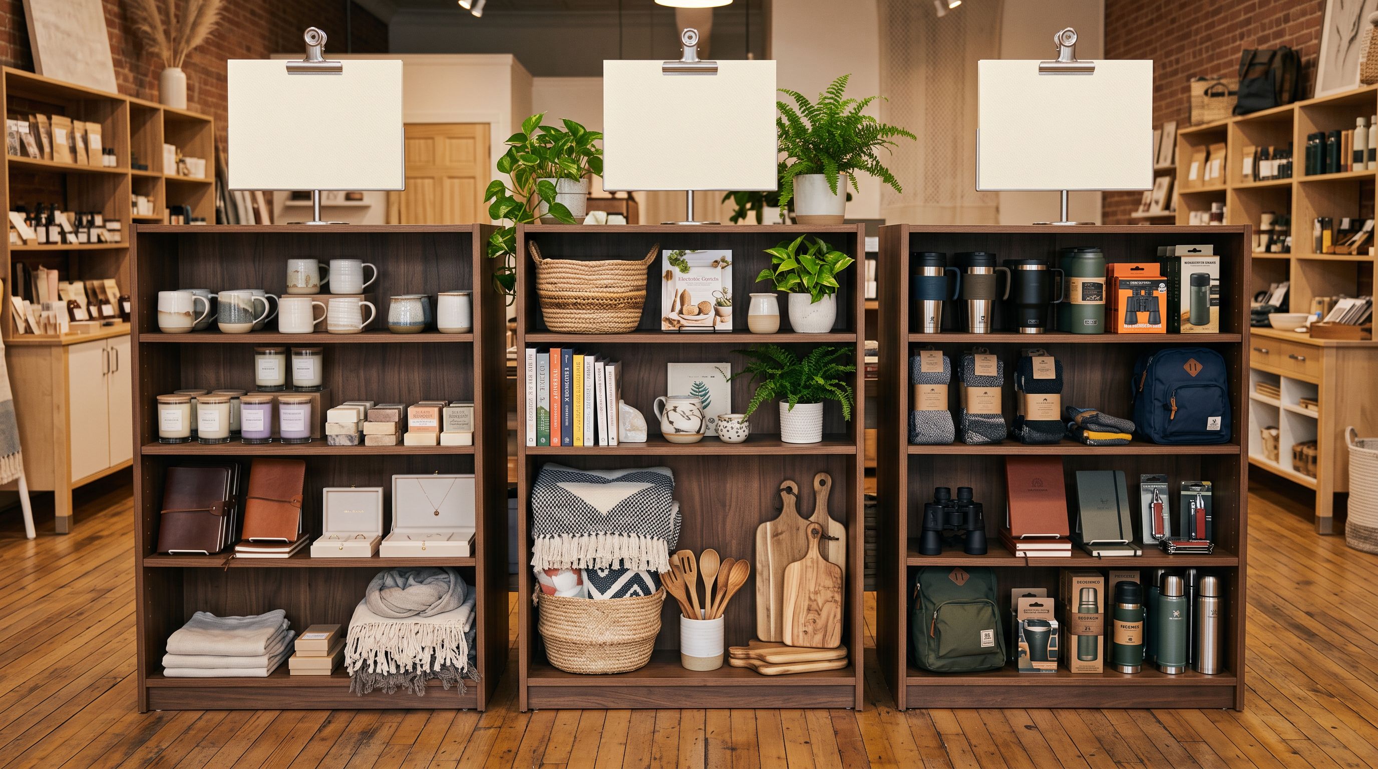 Retail gift shop floor with products arranged in three separated sections divided by category card holders, each section displaying a different gift product range.