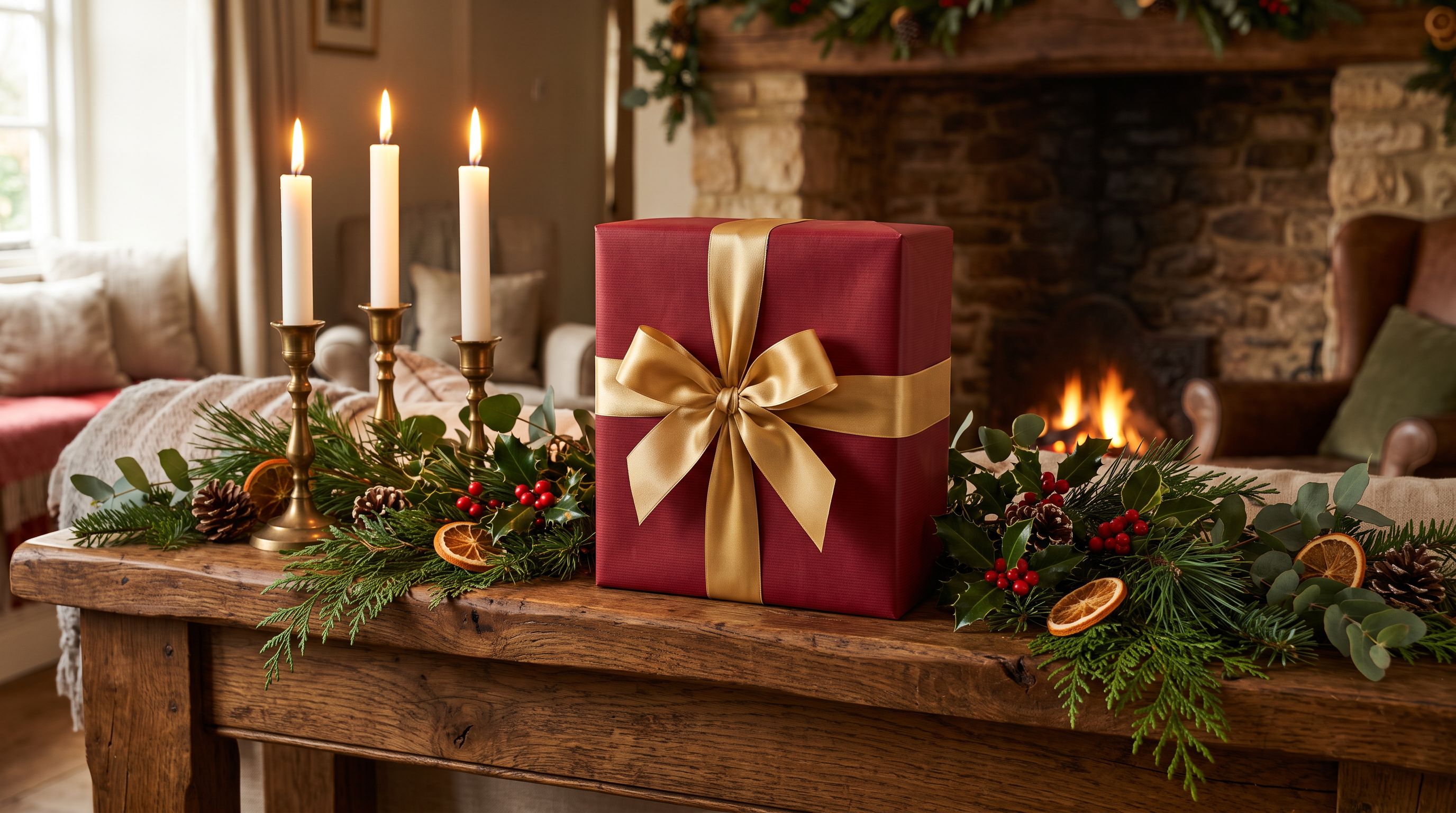 Premium gift box wrapped in deep red paper with a gold ribbon on a wooden mantelpiece with warm candlelight and seasonal greenery.