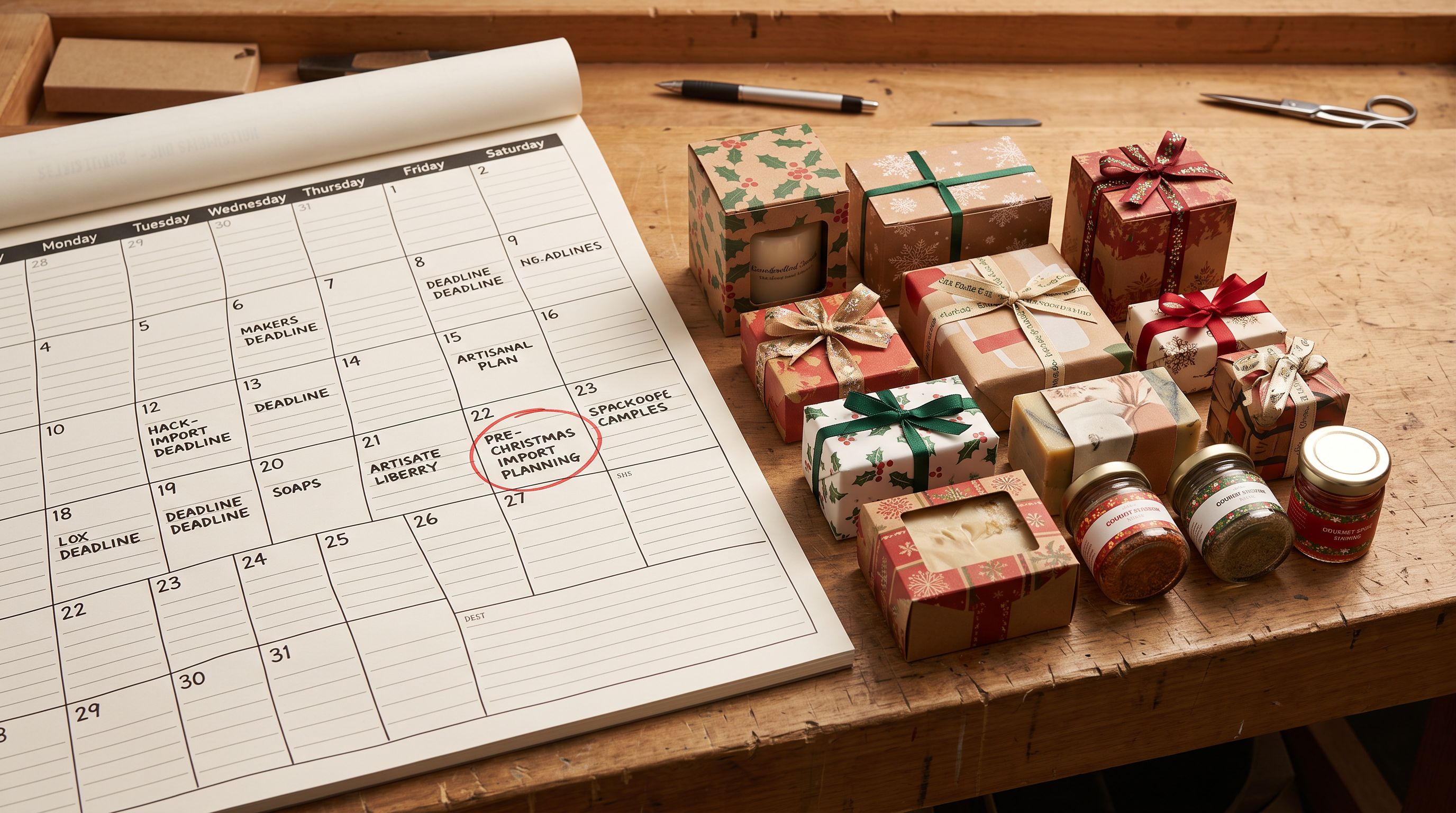 Open wall planner on a workbench beside a row of gift product samples in seasonal packaging, a date circled representing the pre-Christmas import planning window.