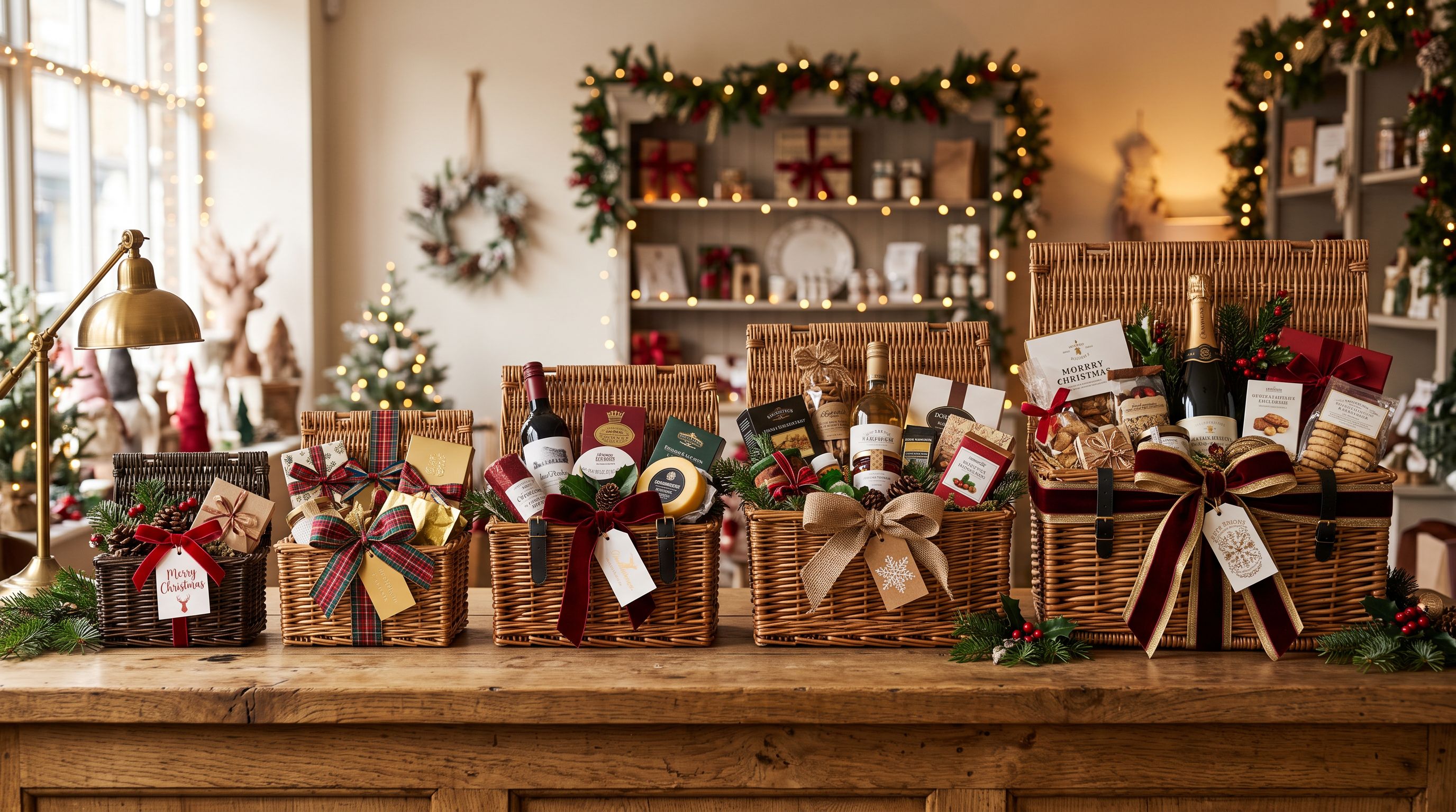 Assorted Christmas gift hampers in different sizes on a festive retail surface, each wrapped with seasonal ribbon and gift tags, arranged from smallest to largest.
