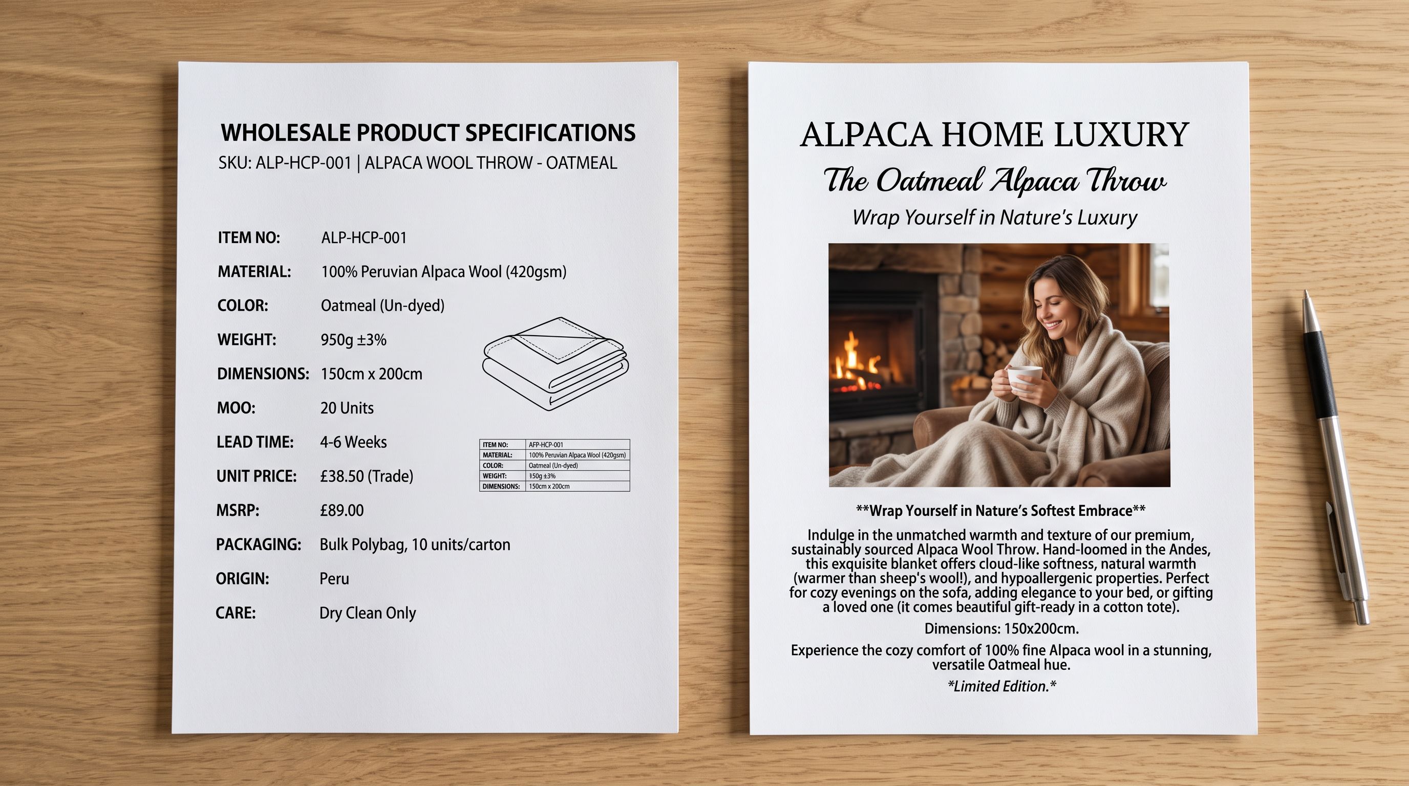 A side-by-side comparison of two product description documents, one showing sparse trade-focused text with material specifications and one showing a full consumer-facing description with lifestyle language, sharp focus on both pages, colour photography.