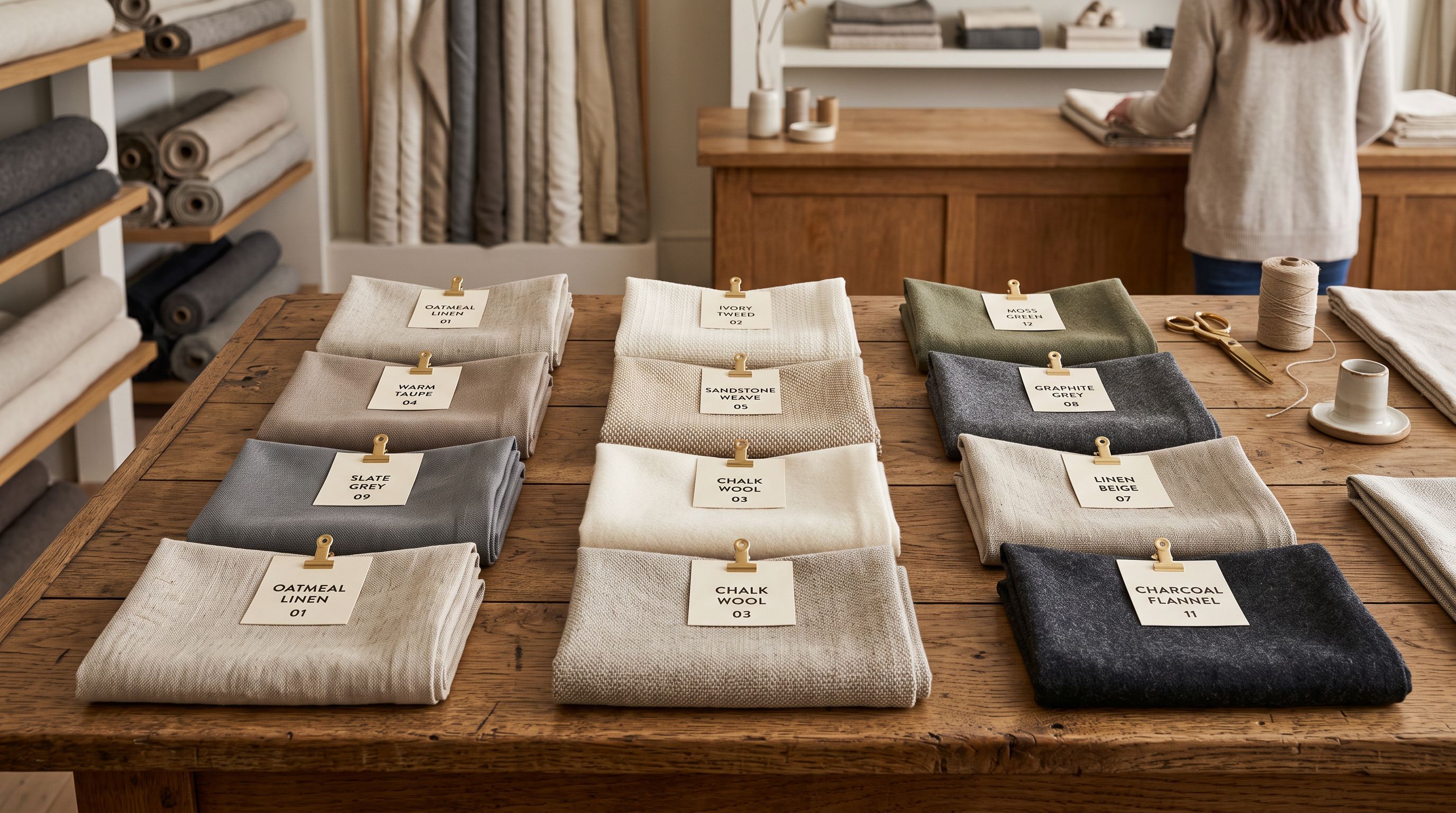 Folded fabric swatches in a range of neutral tones arranged on a retail display table, each labelled with a small tag.