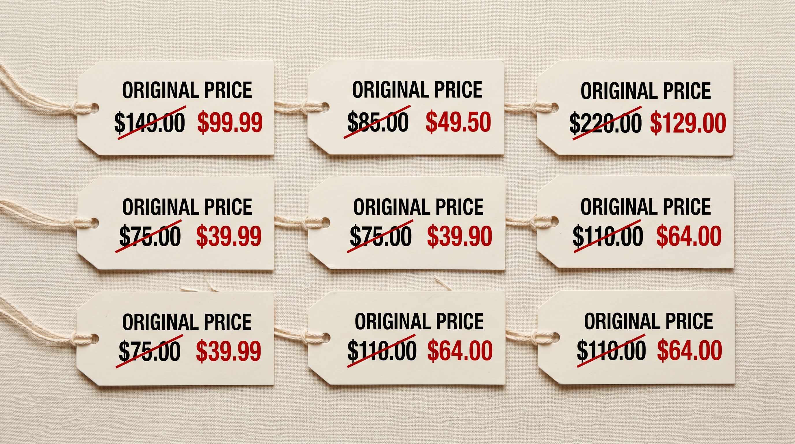 Printed retail sale price tags arranged on a light surface showing original price and reduced sale price side by side.