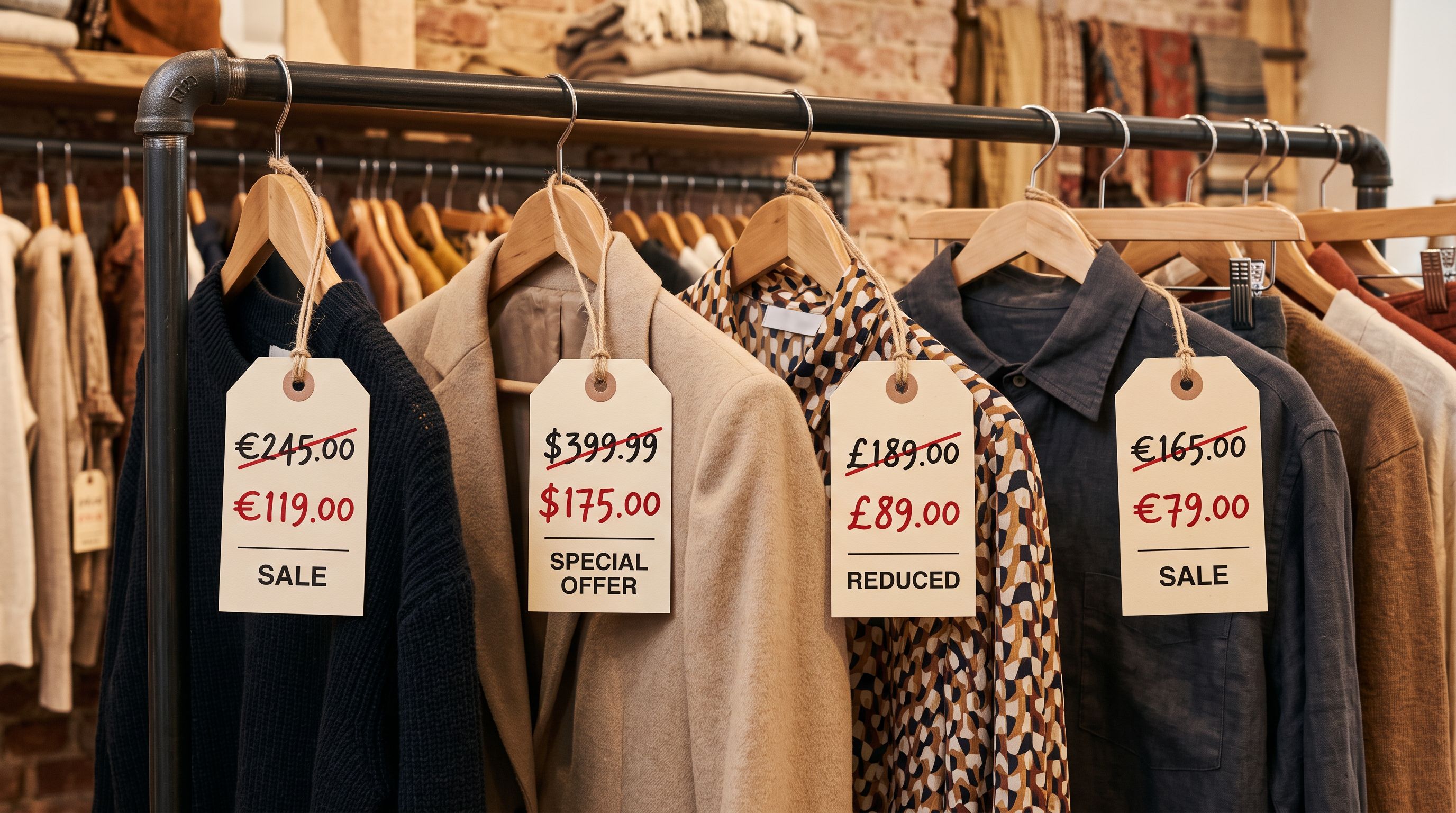 Retail price tags on a clothing store rack showing original and discounted prices side by side.