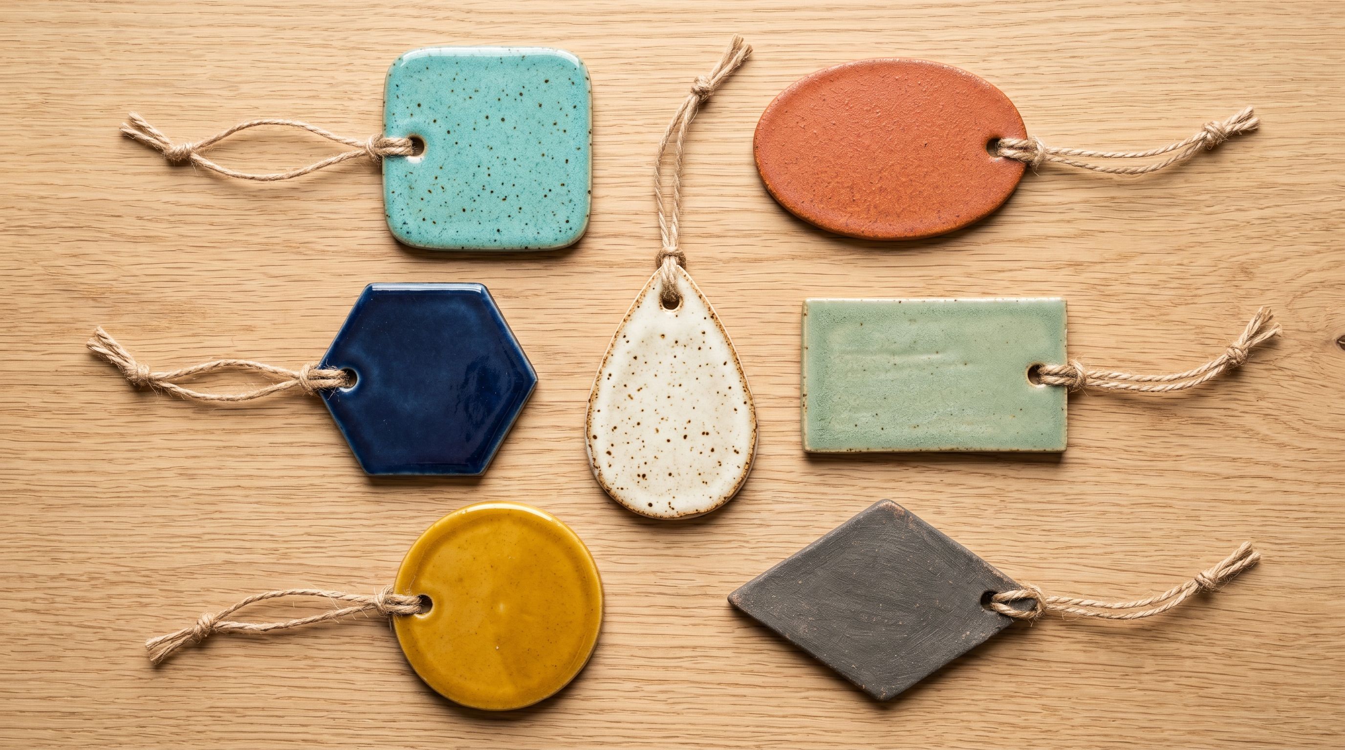 Seven distinct ceramic price tags in different shapes arranged on a pale wood surface