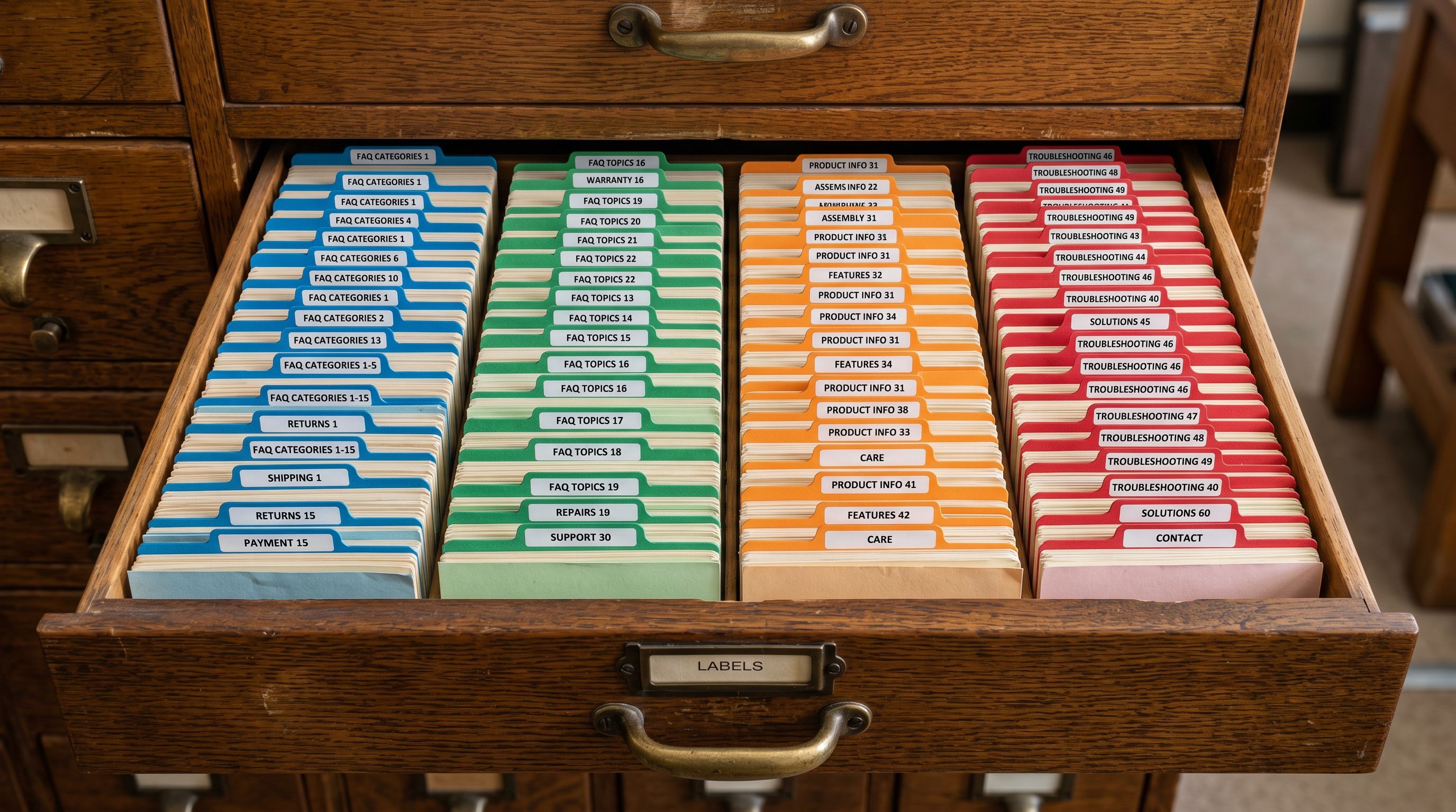 Open vintage wooden card index drawer with organised coloured index card tabs visible