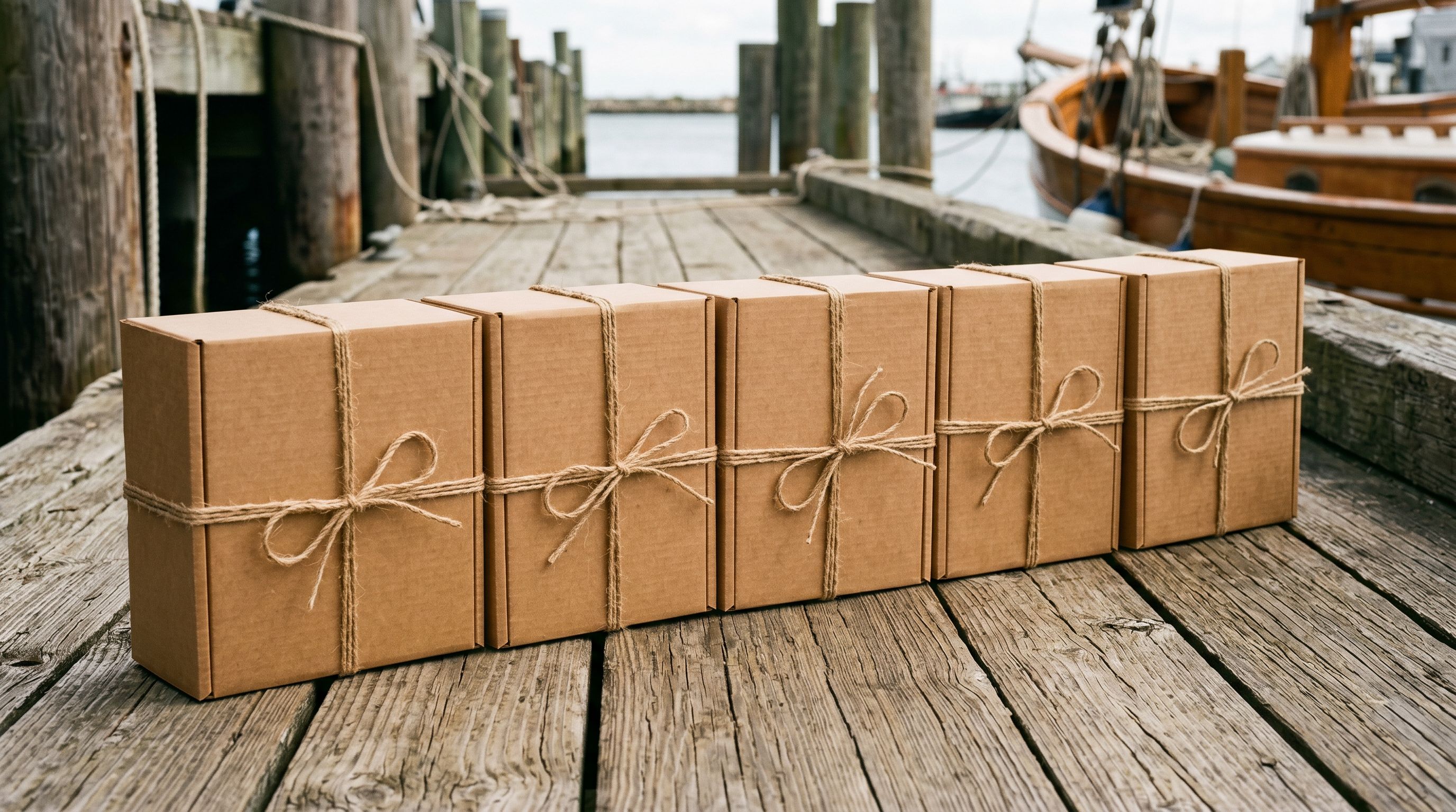 Five identical brown cardboard shipping boxes tied with twine on a weathered timber surface