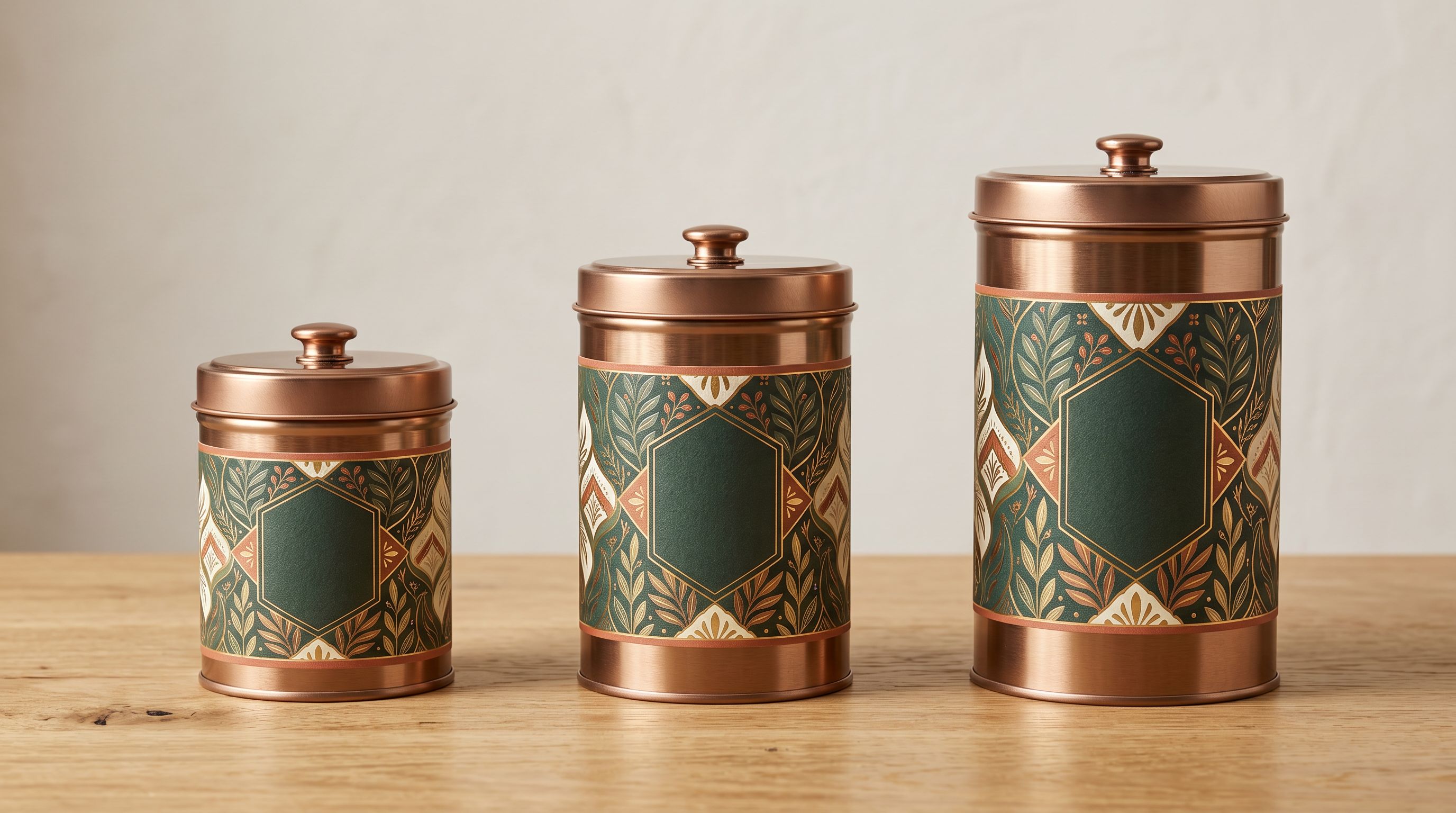 Three matching branded metal tins in small medium and large sizes arranged in a row