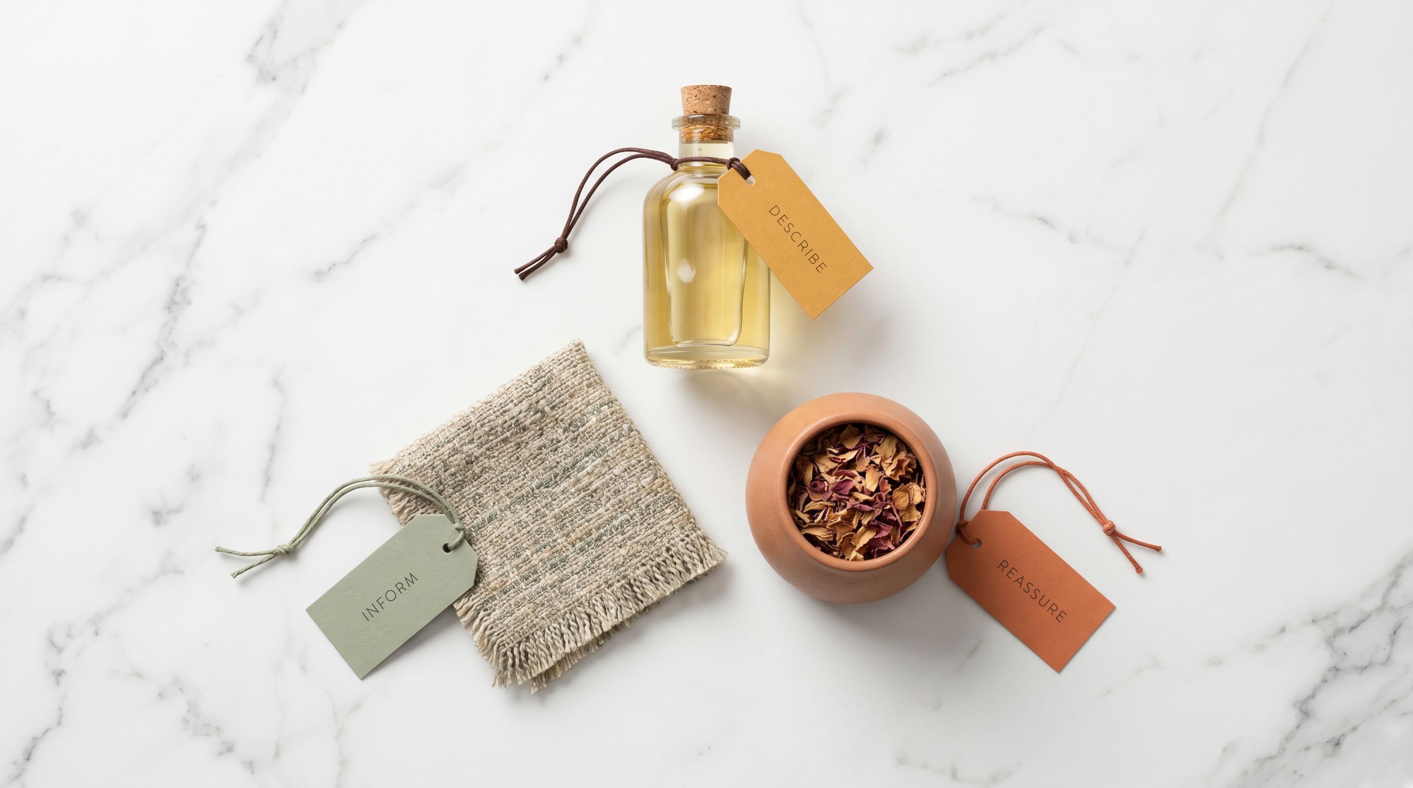 Three artisan goods with coloured tags on white marble representing three product page content layers