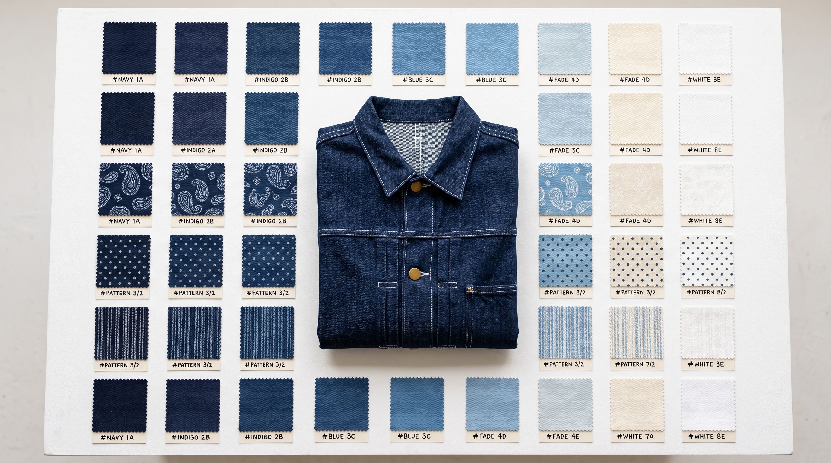 Flat lay of a single folded garment surrounded by a grid of small fabric swatches arranged in rows and columns showing five sizes, eight colour options and three printed patterns.